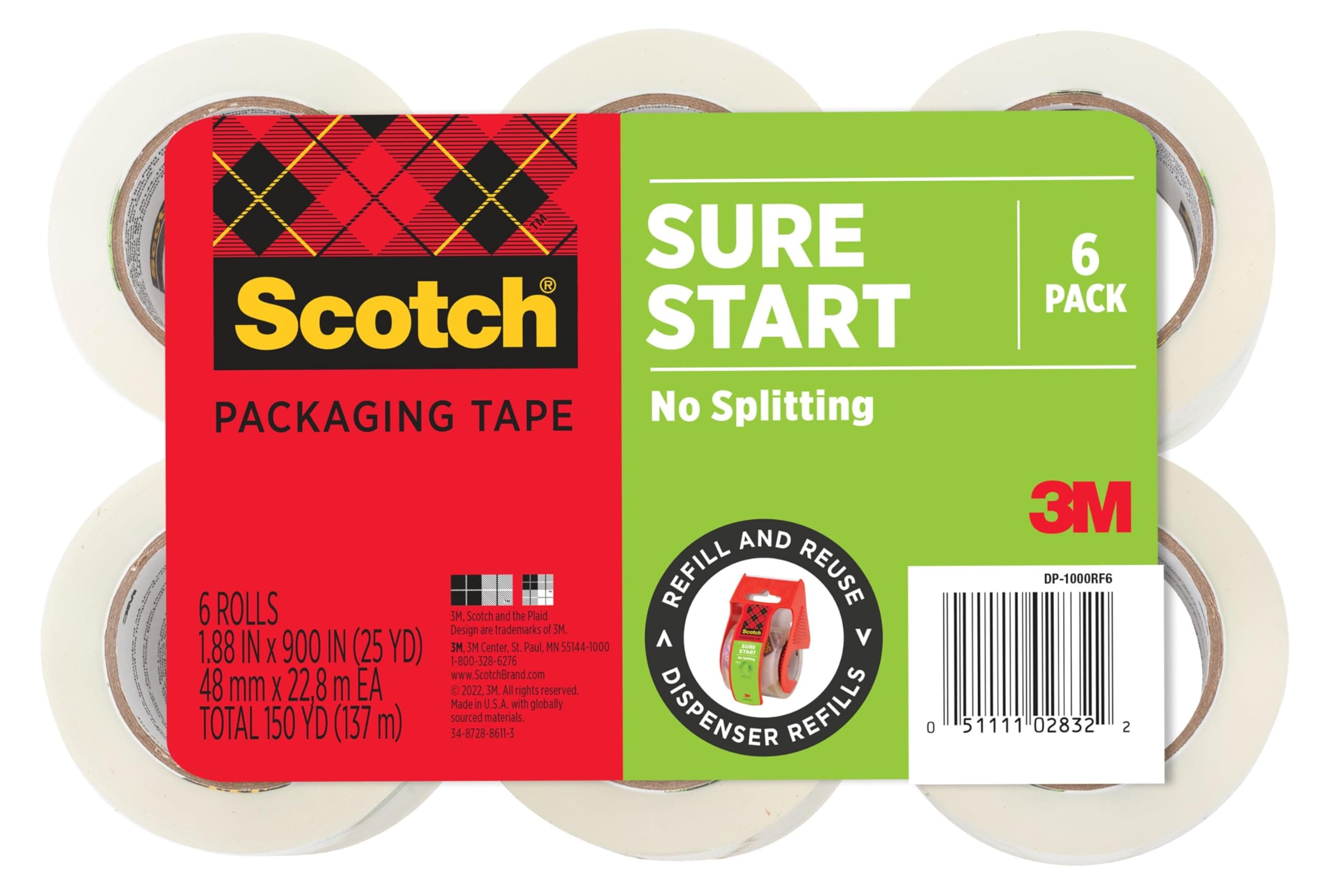 Scotch Sure Start Packaging Tape, 1.88 Inches x 900 Inches, 6-Pack, (DP-1000RF6)