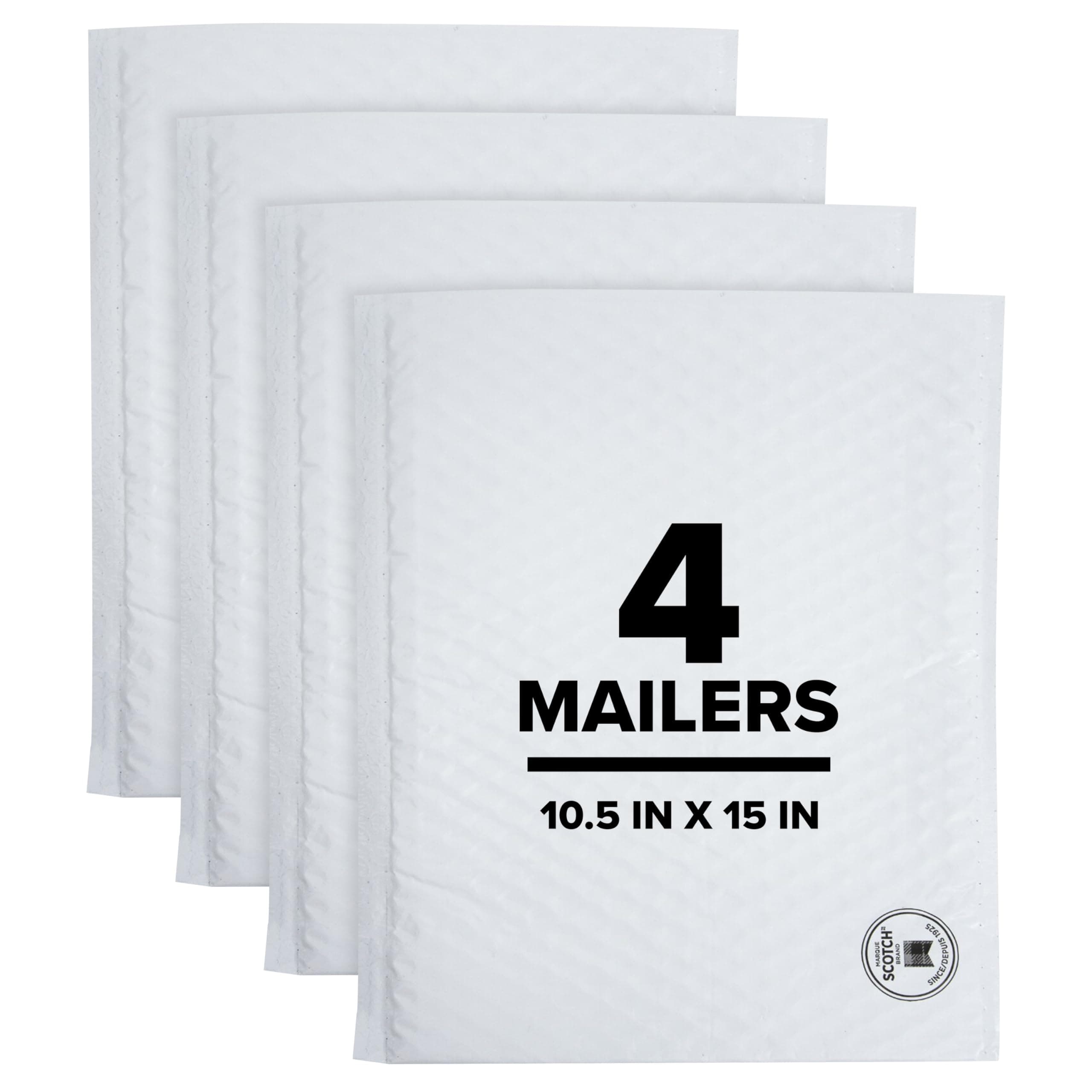 Scotch Poly Bubble Mailer, White, Large, Size 5, Inside Dimensions 10.5 IN x 15 IN, made with 50% recycled plastic