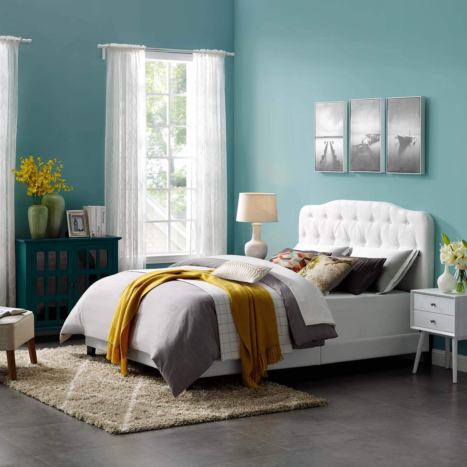 Modway Amelia Tufted Fabric Upholstered Queen Platform Bed in White