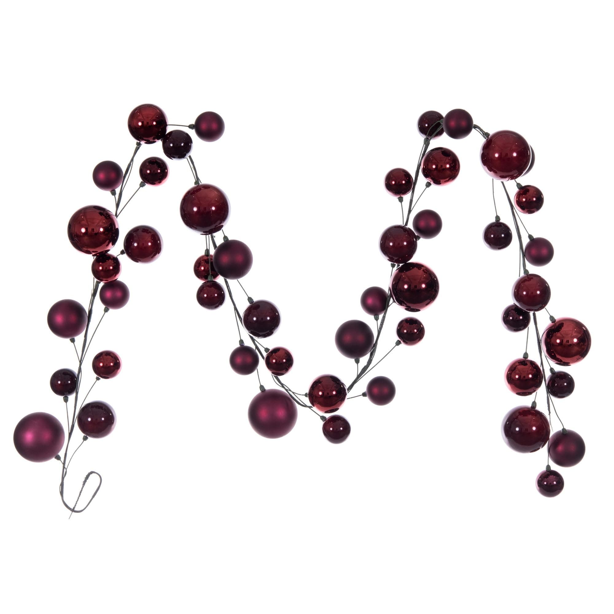 Vickerman 10' Wine Ball Branch Garland. It has: Twenty-six 2.4-inch Ornaments, Fourteen 3-inch Ornaments, and Eight 4-inch Ornaments, for a Total of Forty-Eight Ornaments on The Garland.