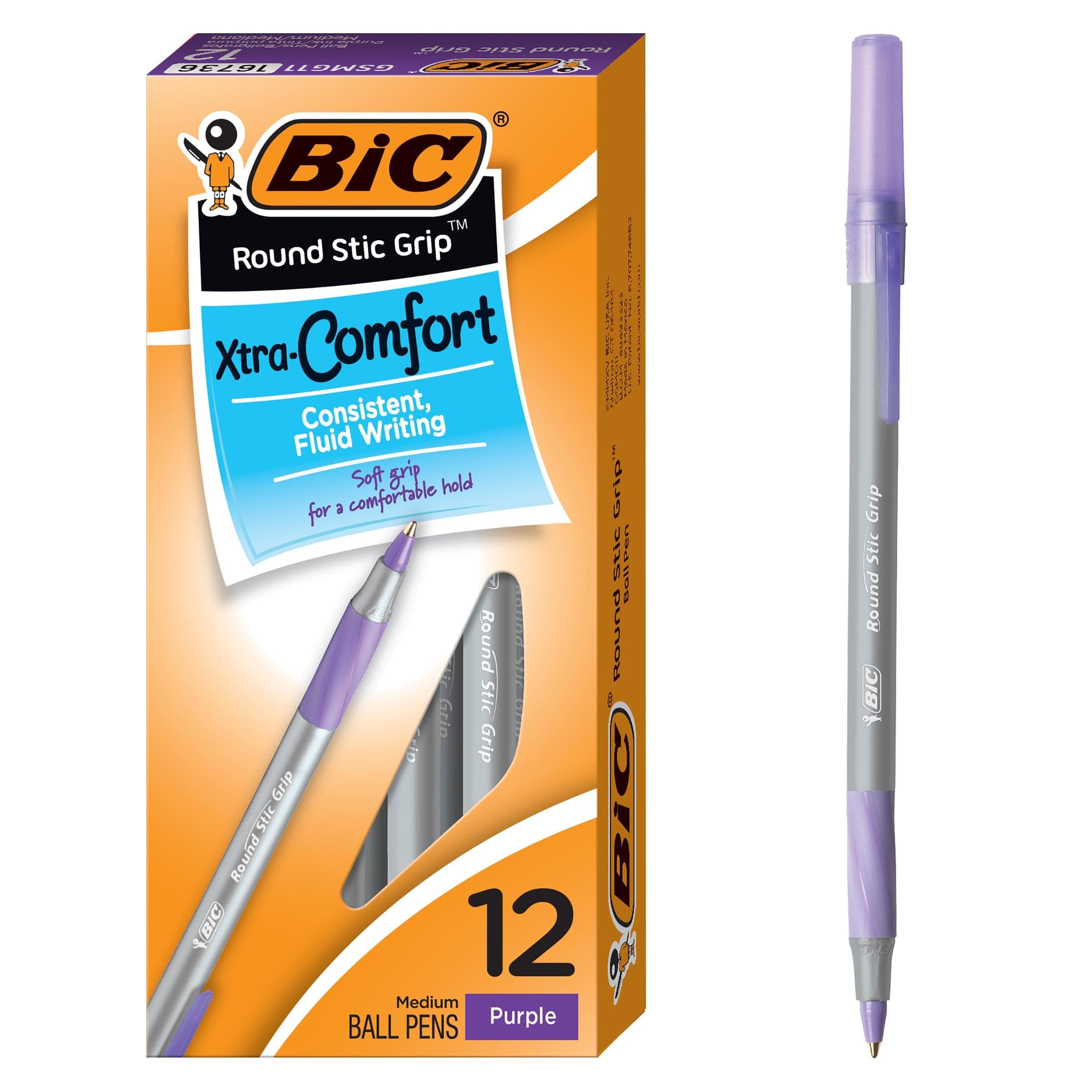 BIC Round Stic Grip Xtra Comfort Ballpoint Pen, Purple Ink, 12-Count