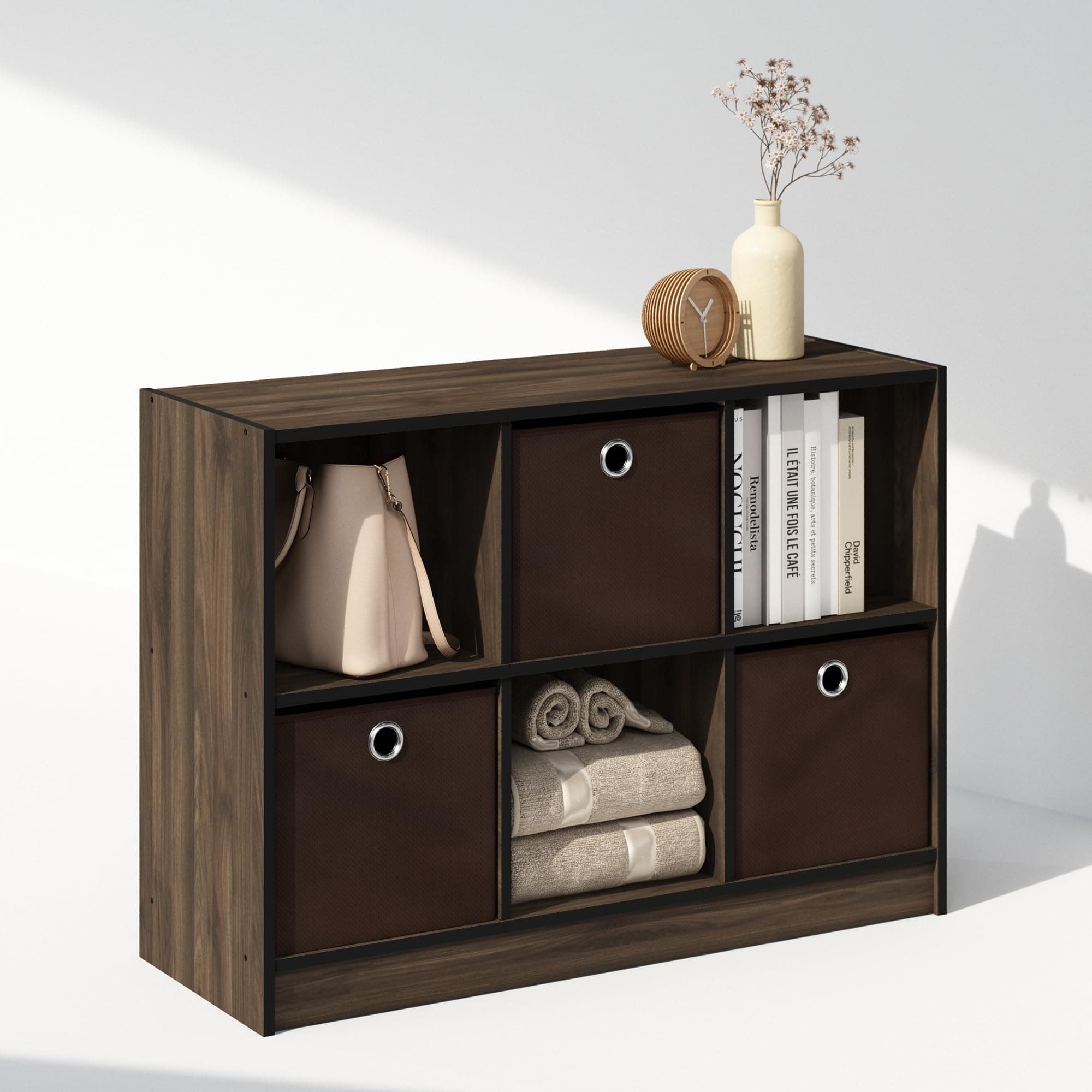 Furinno Cubic Closet Organizers and Storage, 6-Cube Closet Organizer with Bins, Open Shelf Storage, for Wardrobe, Bedroom, Living Room, Columbia Walnut