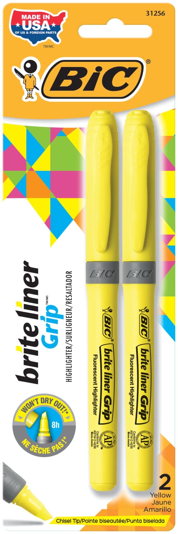 BIC Brite Liner Grip Highlighters, Chisel Tip, Classic Yellow, 2-Count