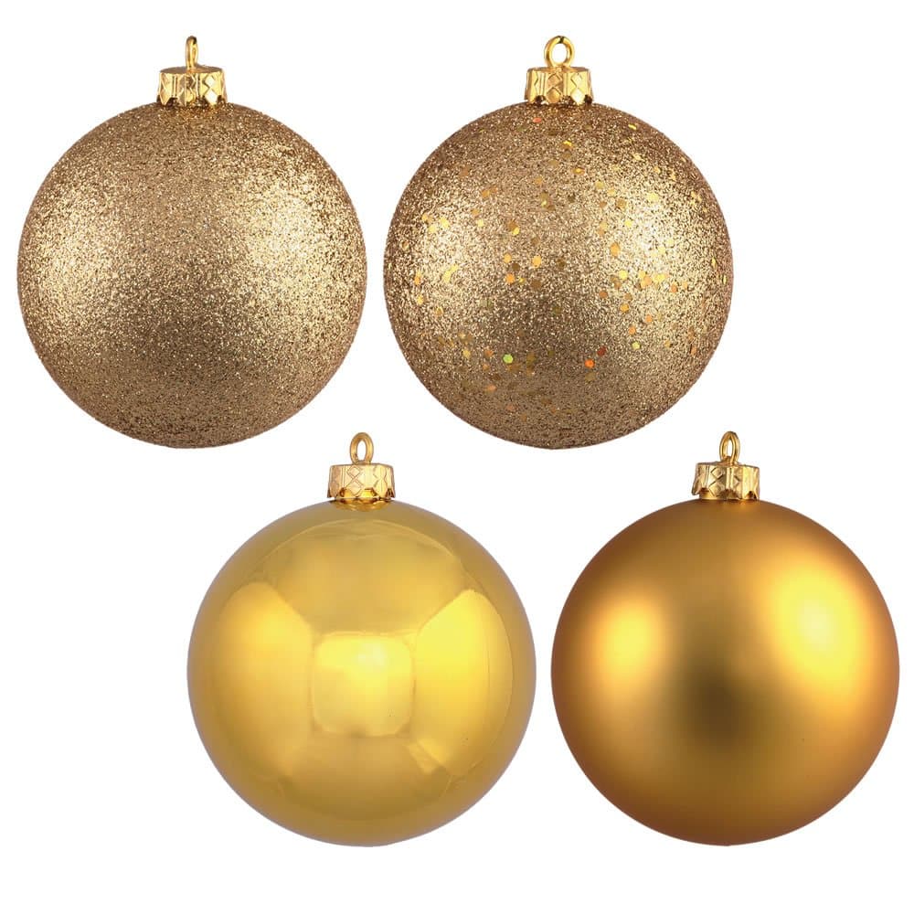 Vickerman 10" Gold 4-Finish Ball Ornament Set - Matte, Shiny, Glitter, Sequin - Shatterproof Plastic - Variety for Holiday Tree Decoration- Pack of Four