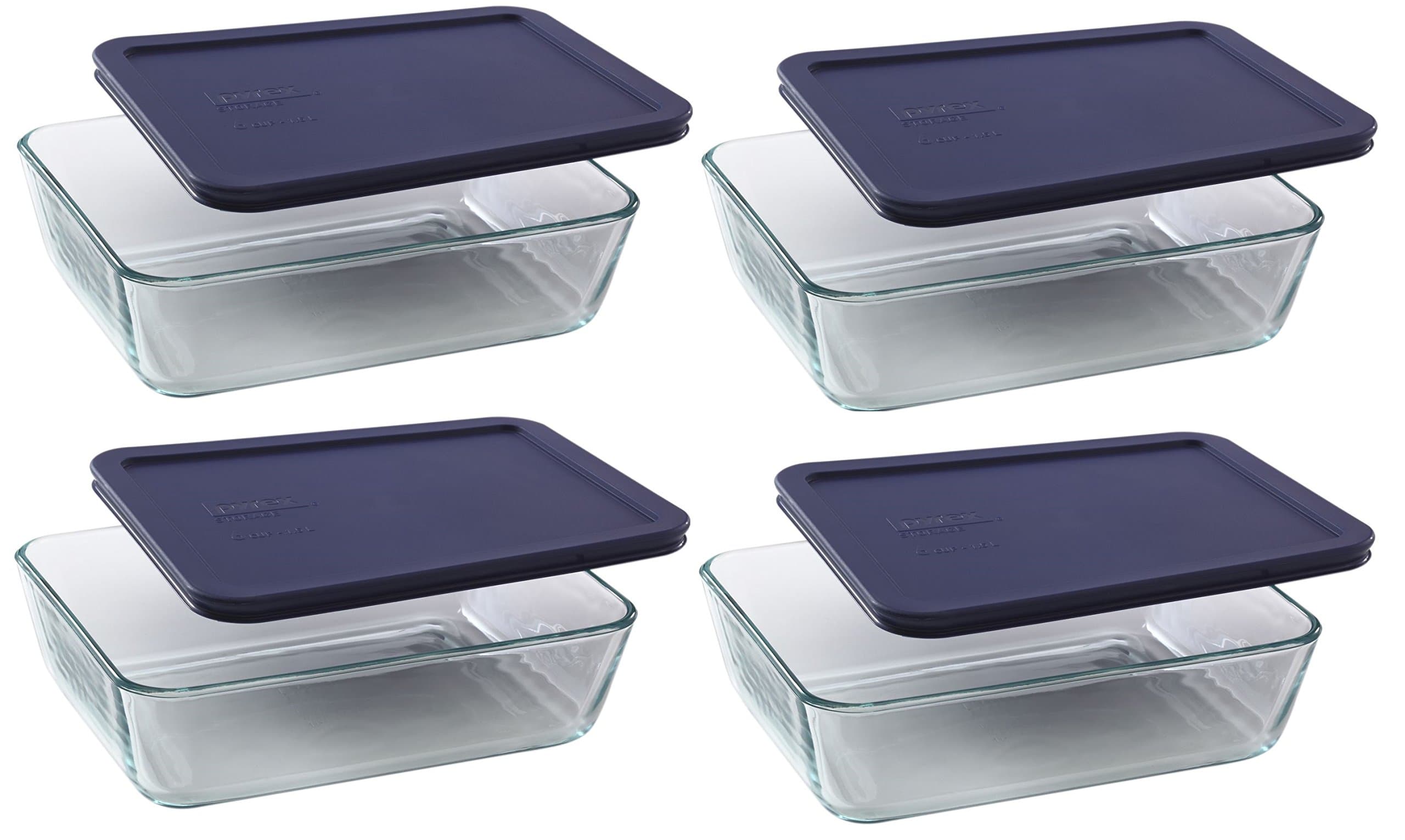 Pyrex 7211 6-Cup Glass Dish & 7211-PC Dark Blue Lids (4-Pack) - Made in USA