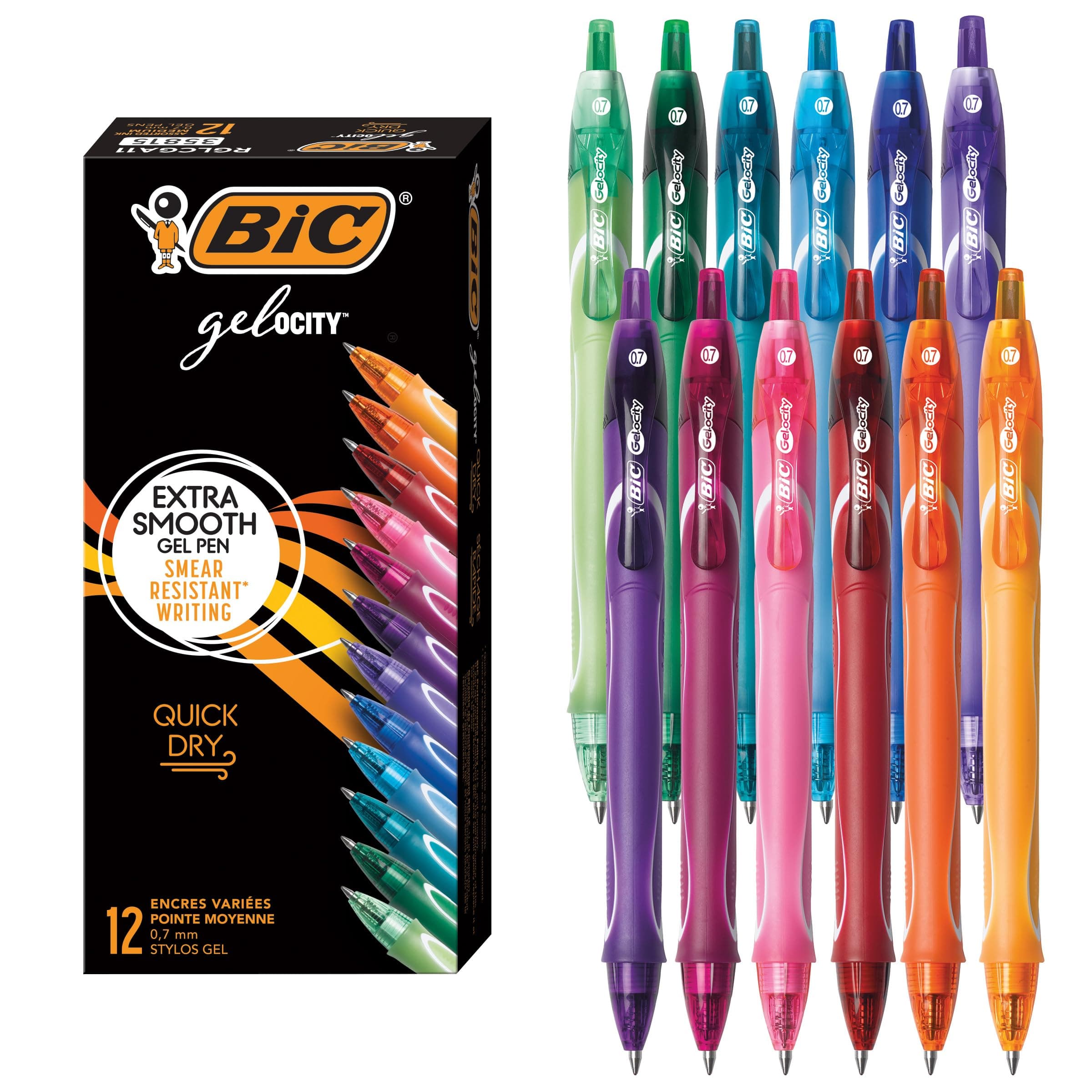 BIC Gelocity Quick Dry Assorted Colors Gel Pens, Medium Point (0.7 mm), School Supplies for Color-Coding Notes, with Full Grip, 12-Count Pack in Assorted Colors