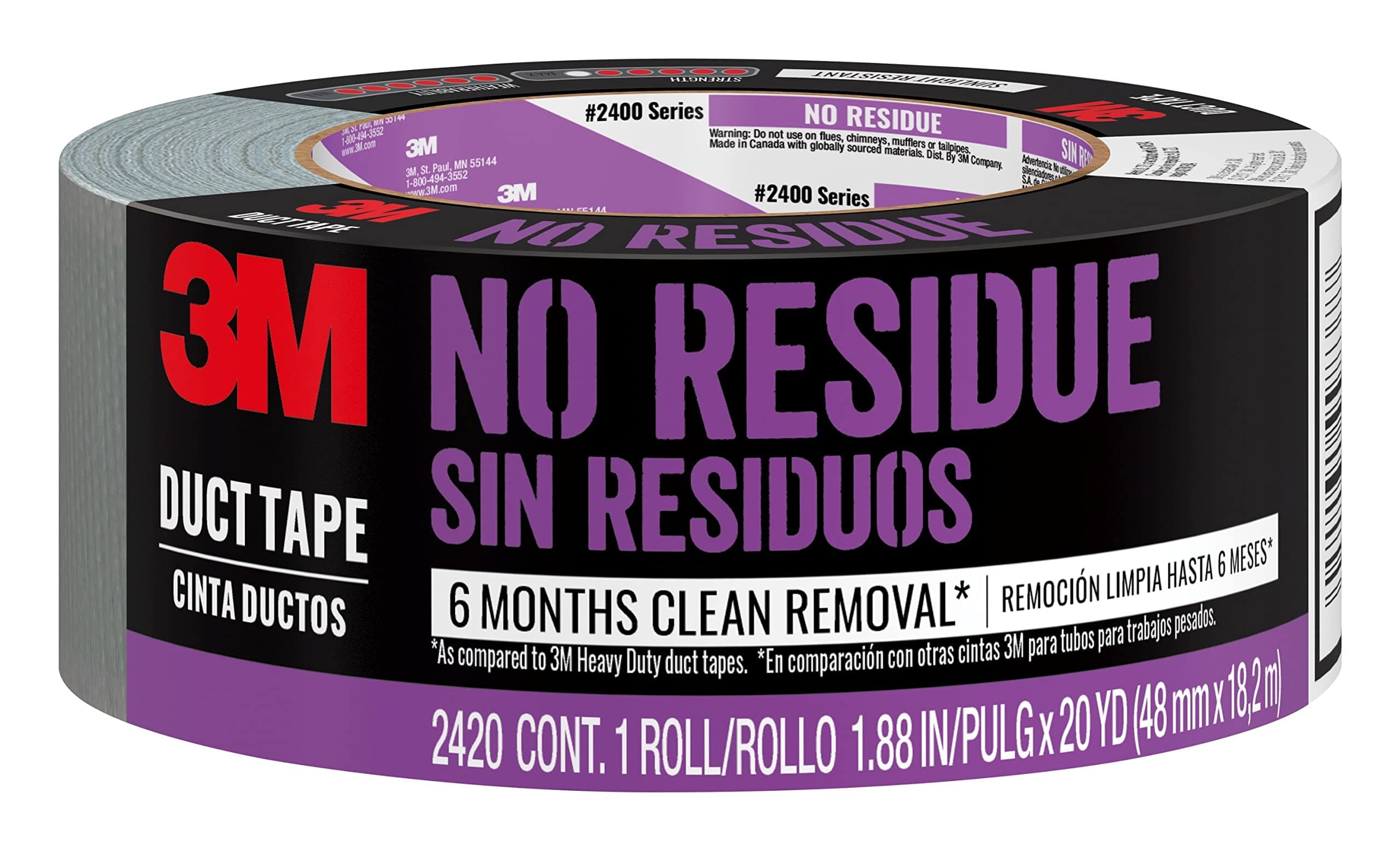3M No Residue Duct Tape, 1.88 inches by 20 Yards, 2420-A, 1 roll, Grey