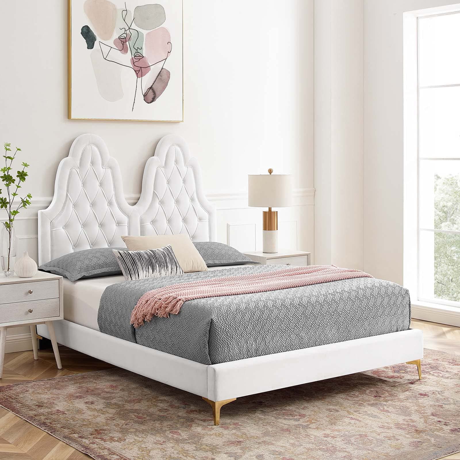 Modway Alexandria Tufted Performance Velvet Twin Platform Bed in White with Gold Legs