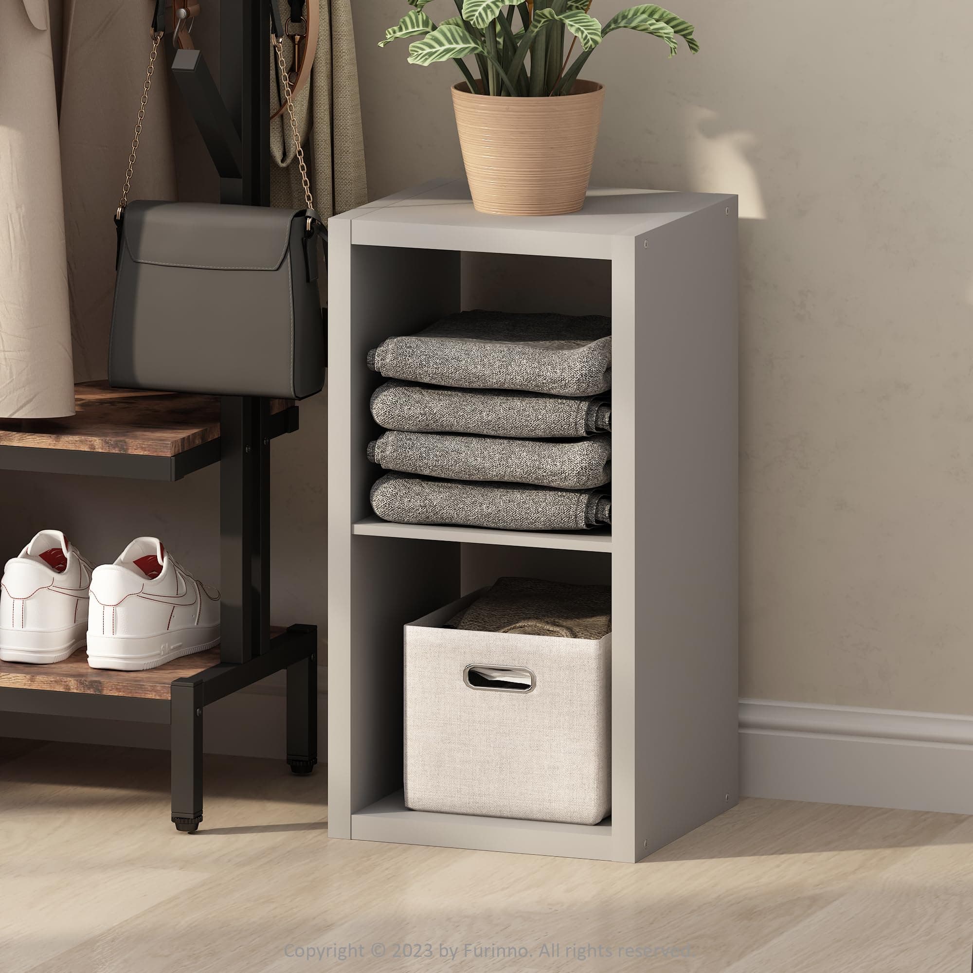 Furinno Cubic Closet Organizer, 2-Cube Open Shelves Clothes Organizer, 30mm Extra Thick Frame Wardrobe Storage, for Bedroom, Closet, Light Grey