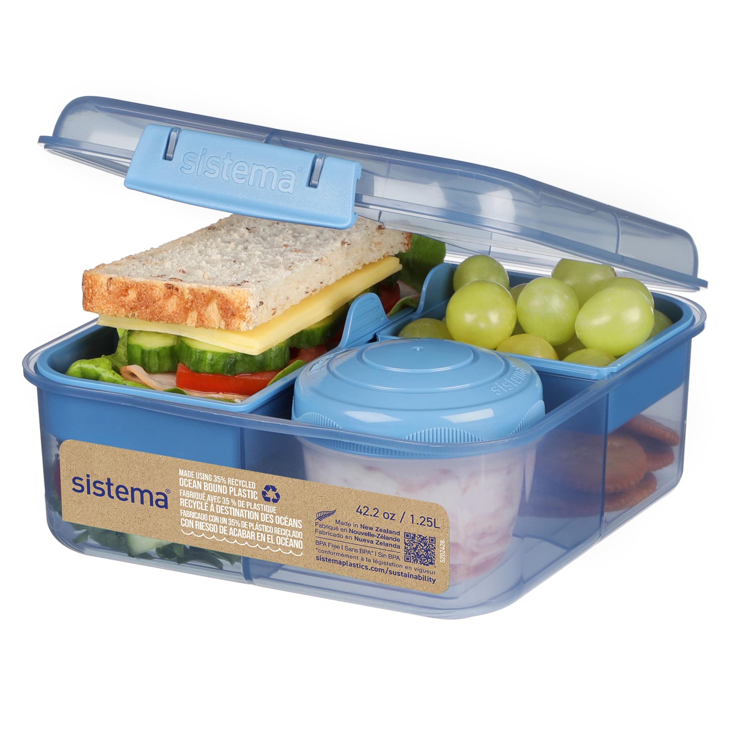 Sistema Ocean-Bound Plastic 1.25L Bento Box, Airtight & Stackable, School Lunch Box with 150mL Snack Pot, Freezer, Microwave, & Dishwasher-Safe, BPA-Free, Made with Recycled Plastic, Assorted Colors