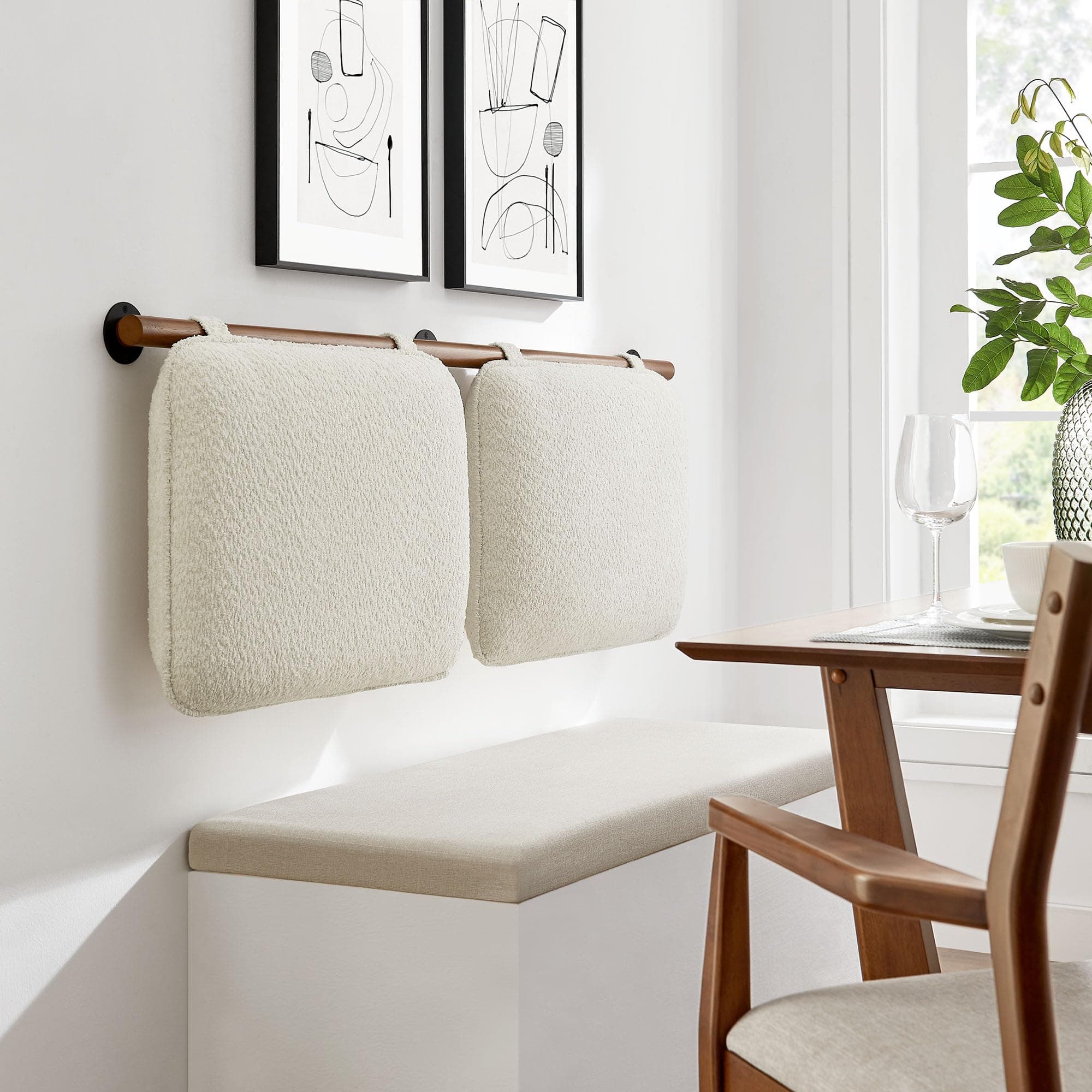 Modway Anela Chenille Upholstered Wall-Mounted Headboard Full Size in Cream Walnut – Floating Padded Headboard with Wood Bar and Two Cushions for Full Bed – Hanging Back Cushions for Bench