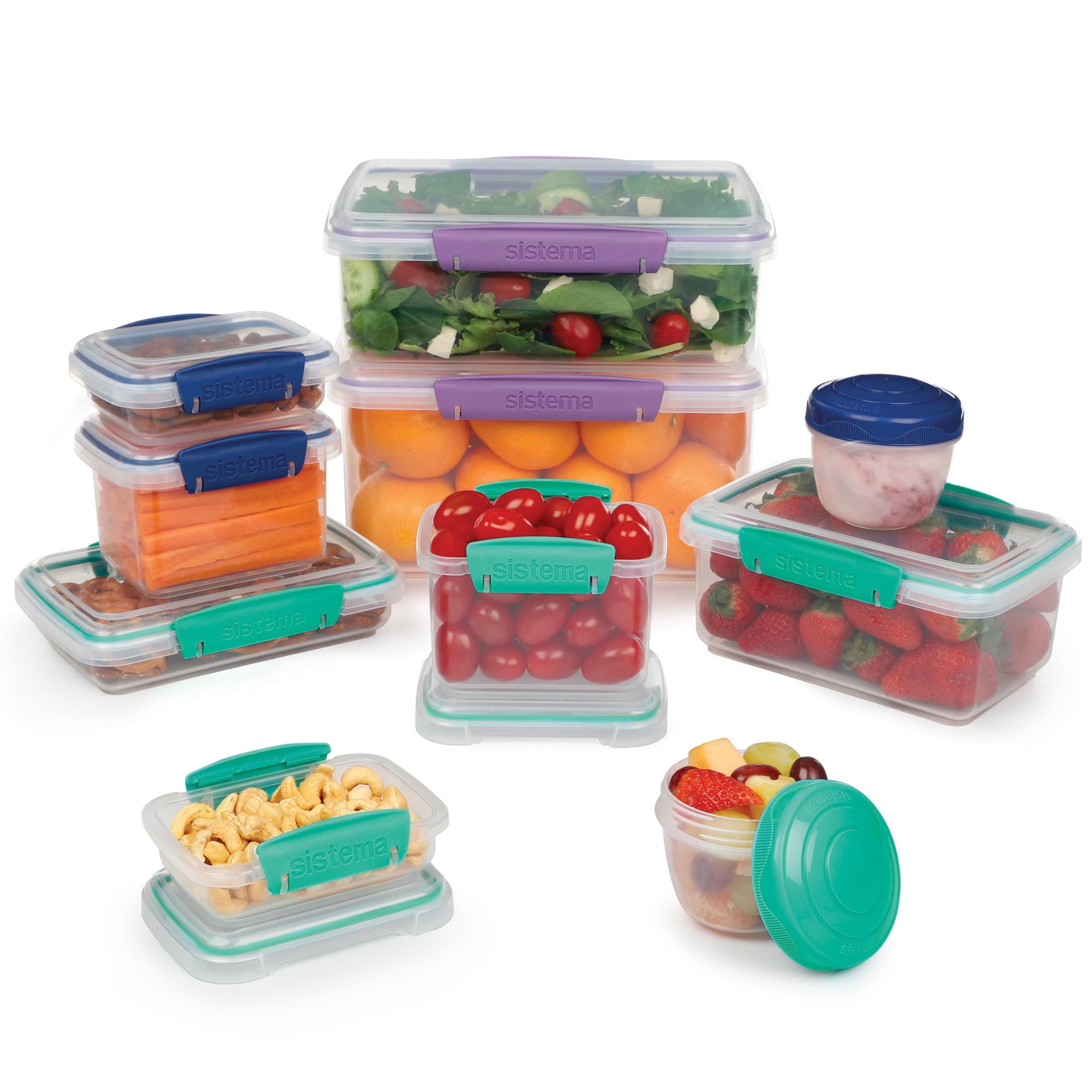 Sistema 20-Piece Food Storage Containers with Lids and Salad Dressing and Condiment Containers, Dishwasher Safe, Color May Vary