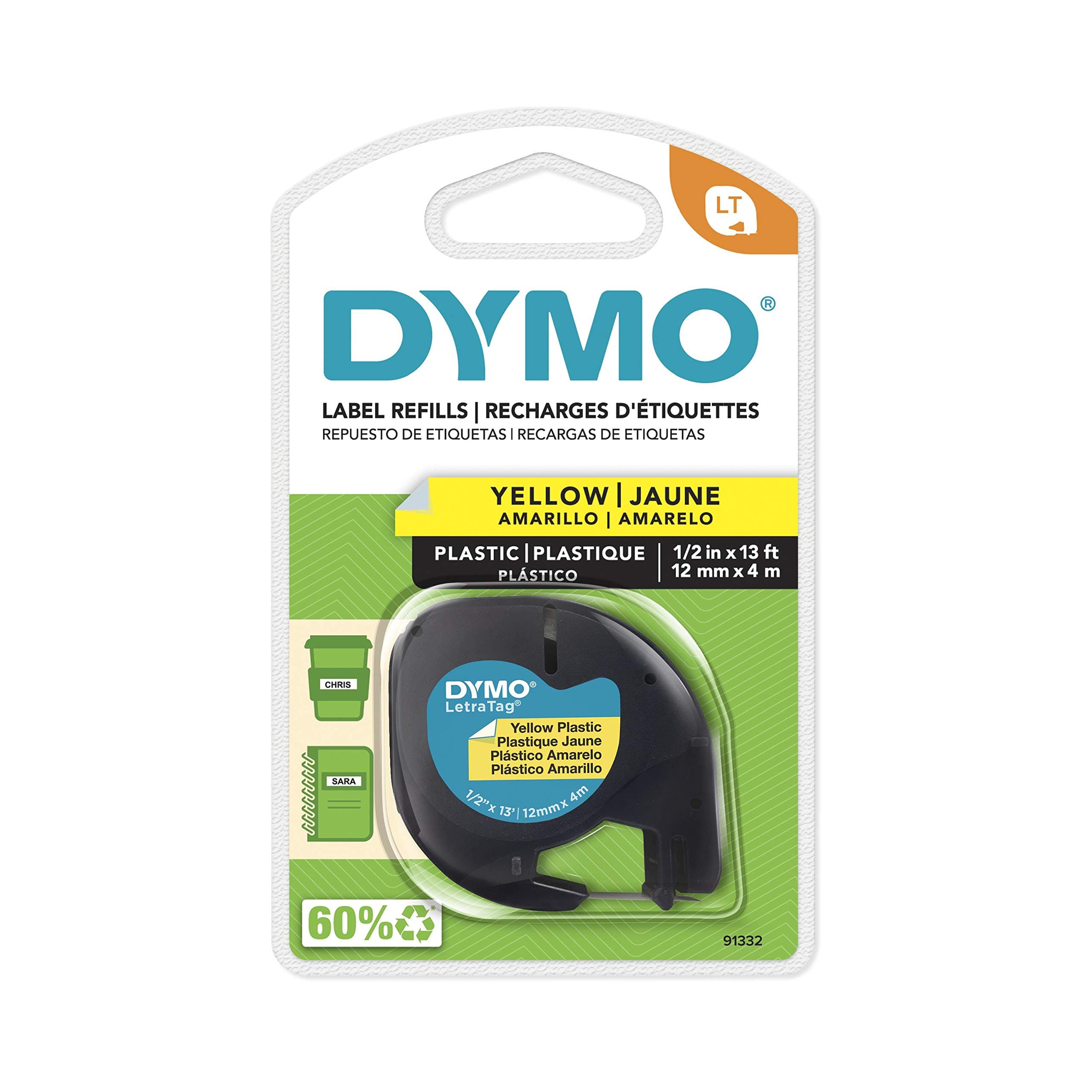 DYMO LetraTag Labeller Tape, Plastic Tape Cassette 1/2" x 13', 1-Carded, Hyper Yellow (91332)