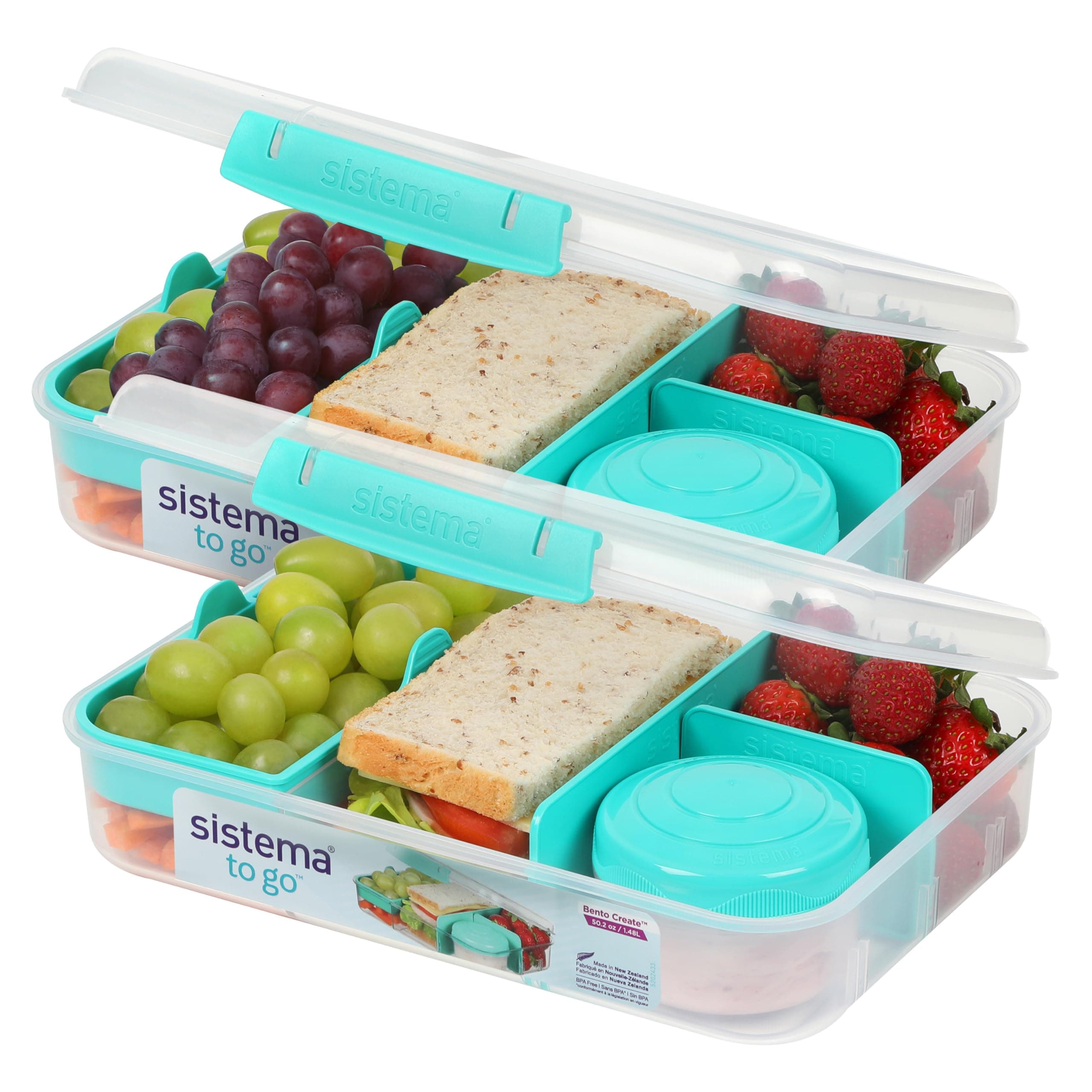 Sistema To Go 1.48L (2-Pack) Bento Box Food Storage Containers, School Lunch Boxes with Removable Dividers & Snack Pot, Two 1.48L Containers, Freezer, Microwave, & Dishwasher-Safe, BPA-Free