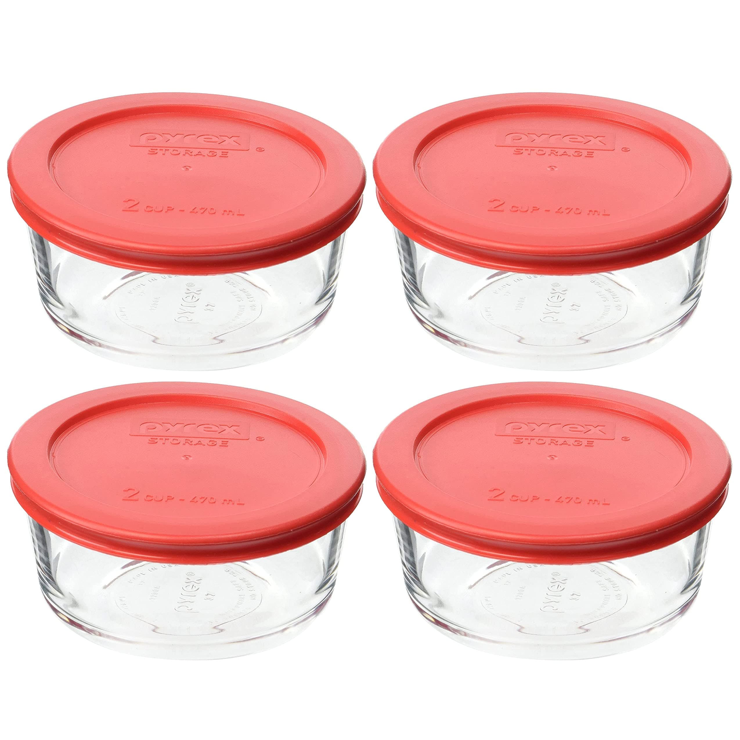 Pyrex 7200 2-Cup Glass Bowl & 7200-PC Red Lid (4-Pack) - Made in USA