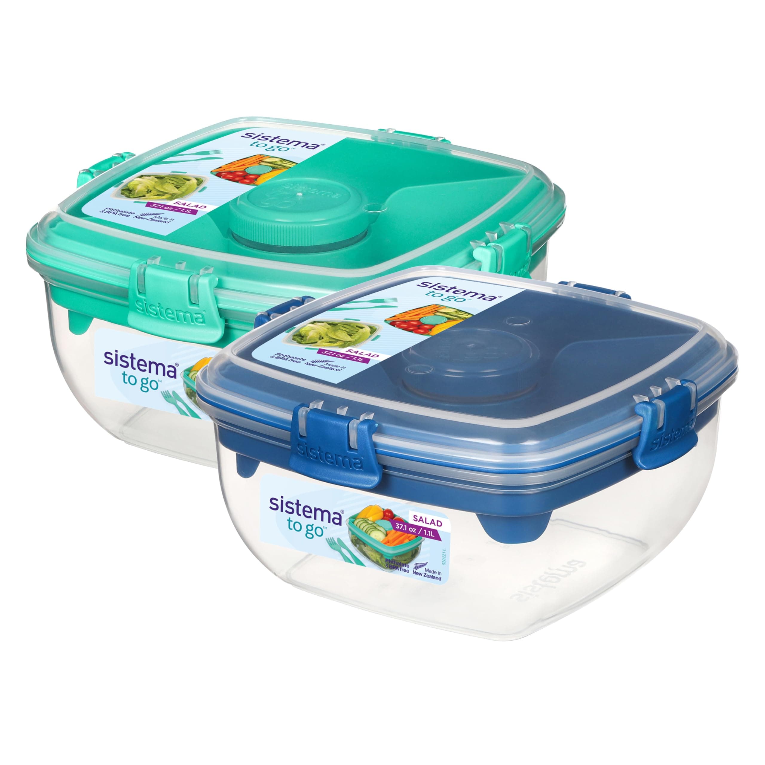 Sistema To Go 1.1L (2-Pack) Salad Box Food Storage Containers, Portable Salad Boxes with Removable Dividers & Dressing Container, Two 1.1L Containers, Freezer, Microwave, & Dishwasher-Safe, BPA-Free