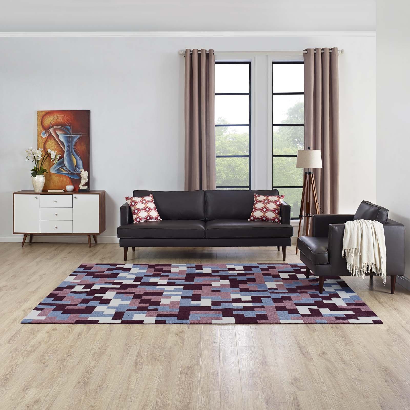 Modway Andela Interlocking Block Mosaic 8x10 Area Rug in Multicolored Red and Light Blue