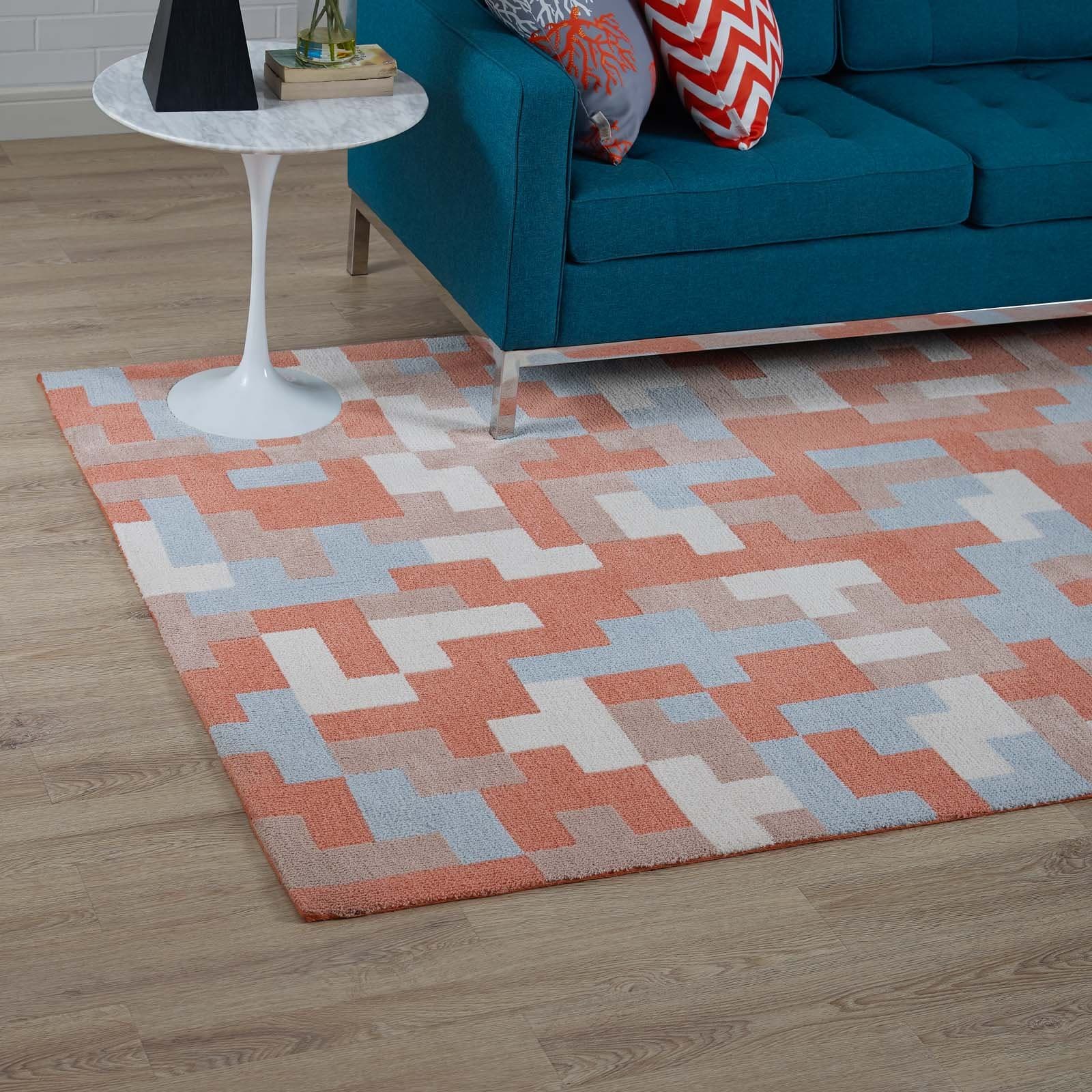 Modway Andela Interlocking Block Mosaic 5x8 Area Rug in Multicolored Coral and Light Blue