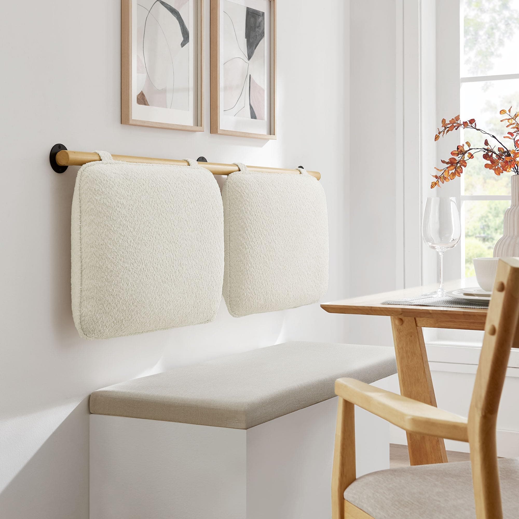 Modway Anela Chenille Upholstered Wall-Mounted Headboard Full Size in Cream Natural – Floating Padded Headboard with Wood Bar and Two Cushions for Full Bed – Hanging Back Cushions for Bench