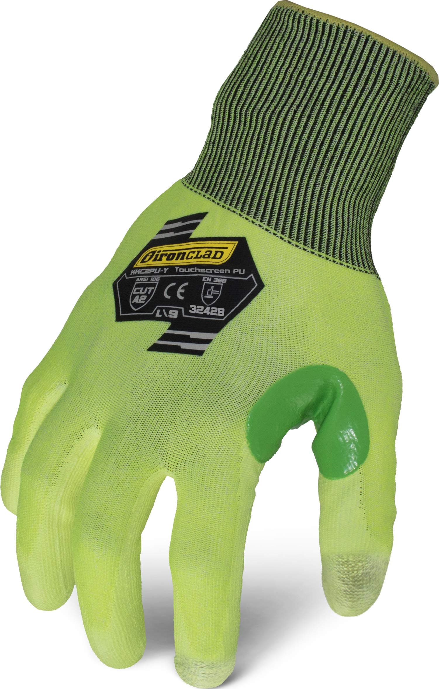 Ironclad Command Touchscreen Hi-Viz Yellow PU Glove; Touchscreen Infused Palm, A2 Cut Resistant, Polyurethane Palm Coating, Sized XS, S, M, L, XL, XXL (KKC2PU-Y-04-L)