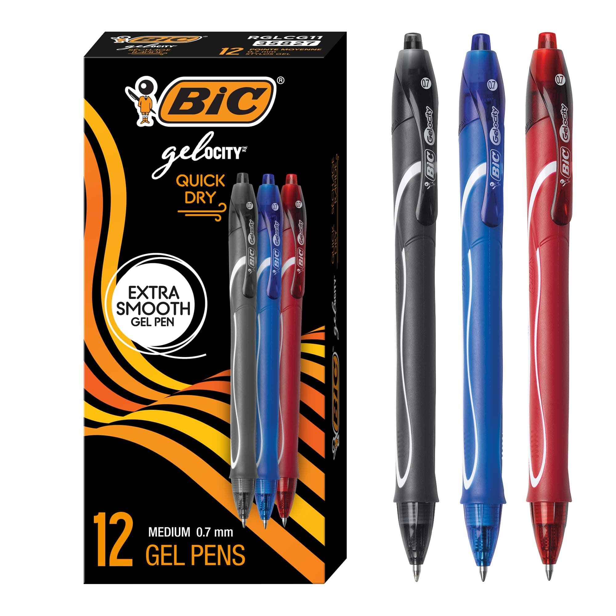 BIC® Gel-ocity Quick Dry Retractable Gel Pens, Medium Point, 0.7 mm, Black/Blue/Red Barrels, Black/Blue/Red Inks, Pack O