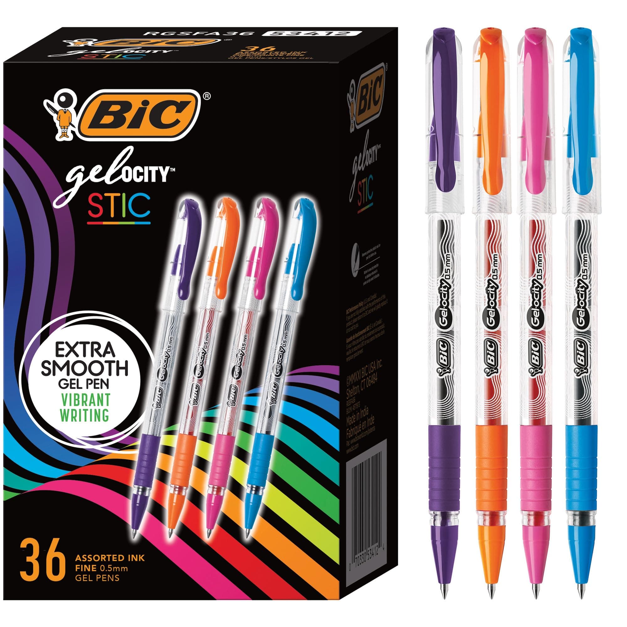 BIC Gel-ocity Smooth Stic Gel Pen, 36-Count, Fine Point, Assorted Colors