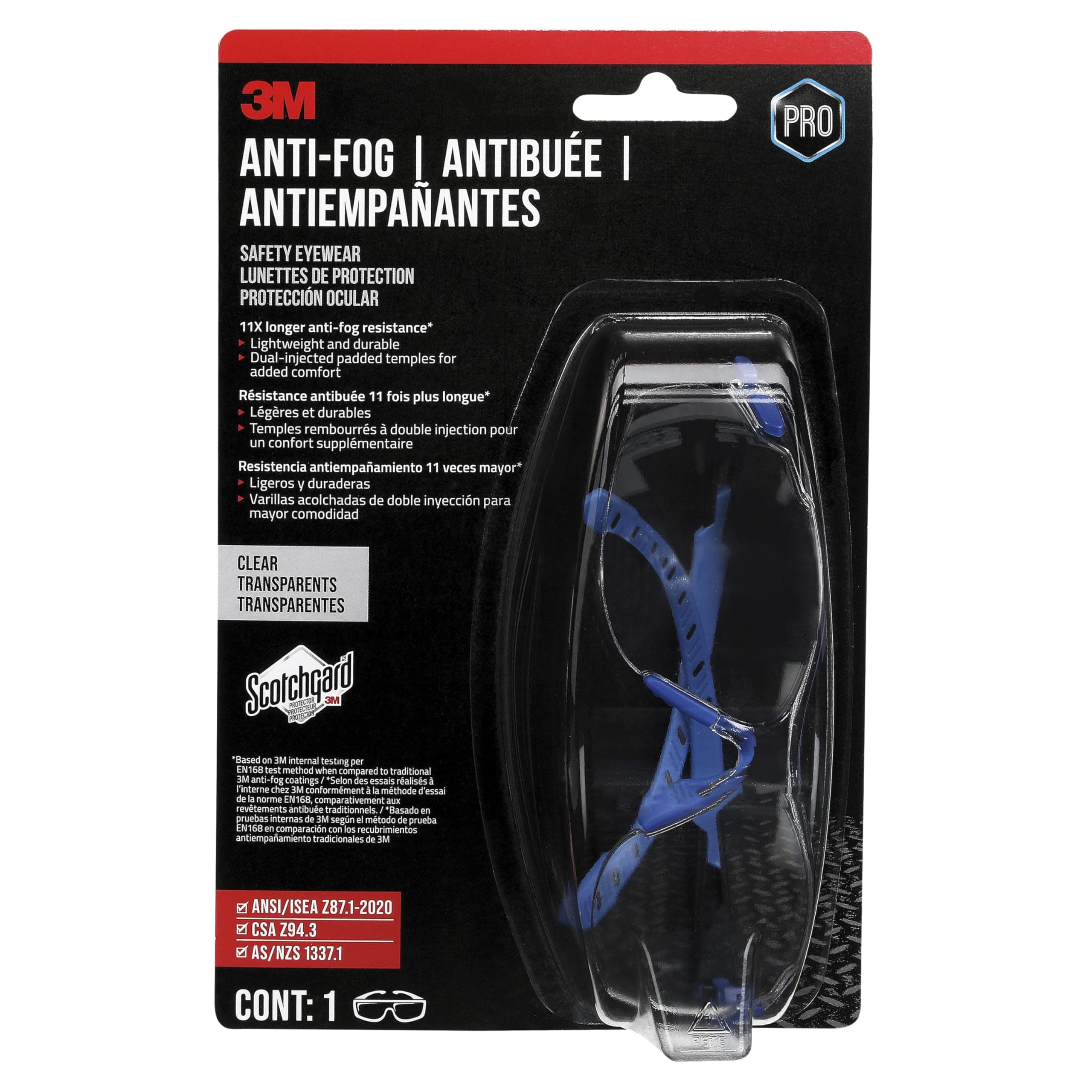 3M Anti-Fog Goggle with Scotchgard Protector, Black/Blue, Clear Lens, 5/cs