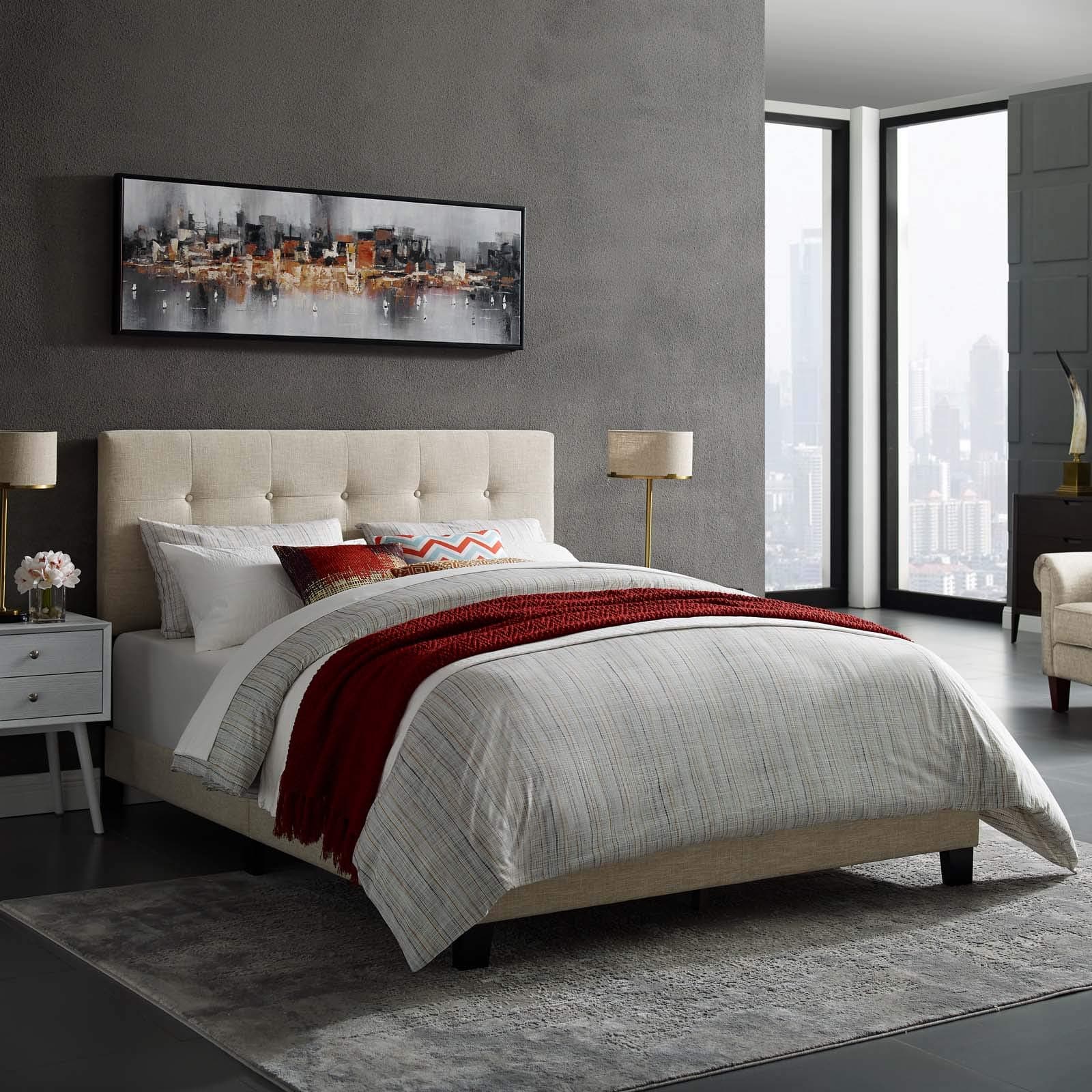 Modway Amira Tufted Fabric Upholstered Full Bed Frame with Headboard in Beige