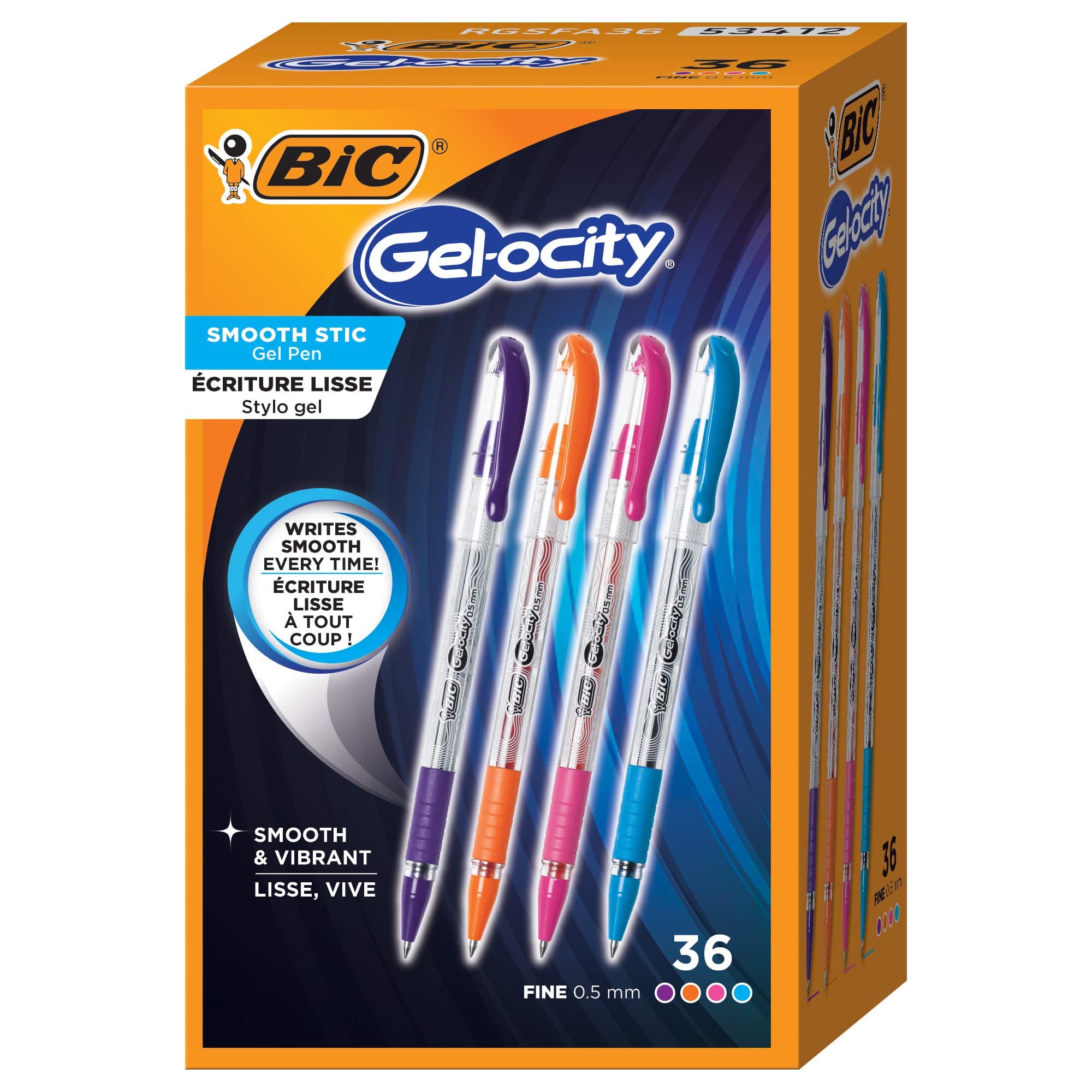 BIC Gel-ocity Smooth Stic Gel Pen, Fine Point, 0.5mm, 36-Count Assorted