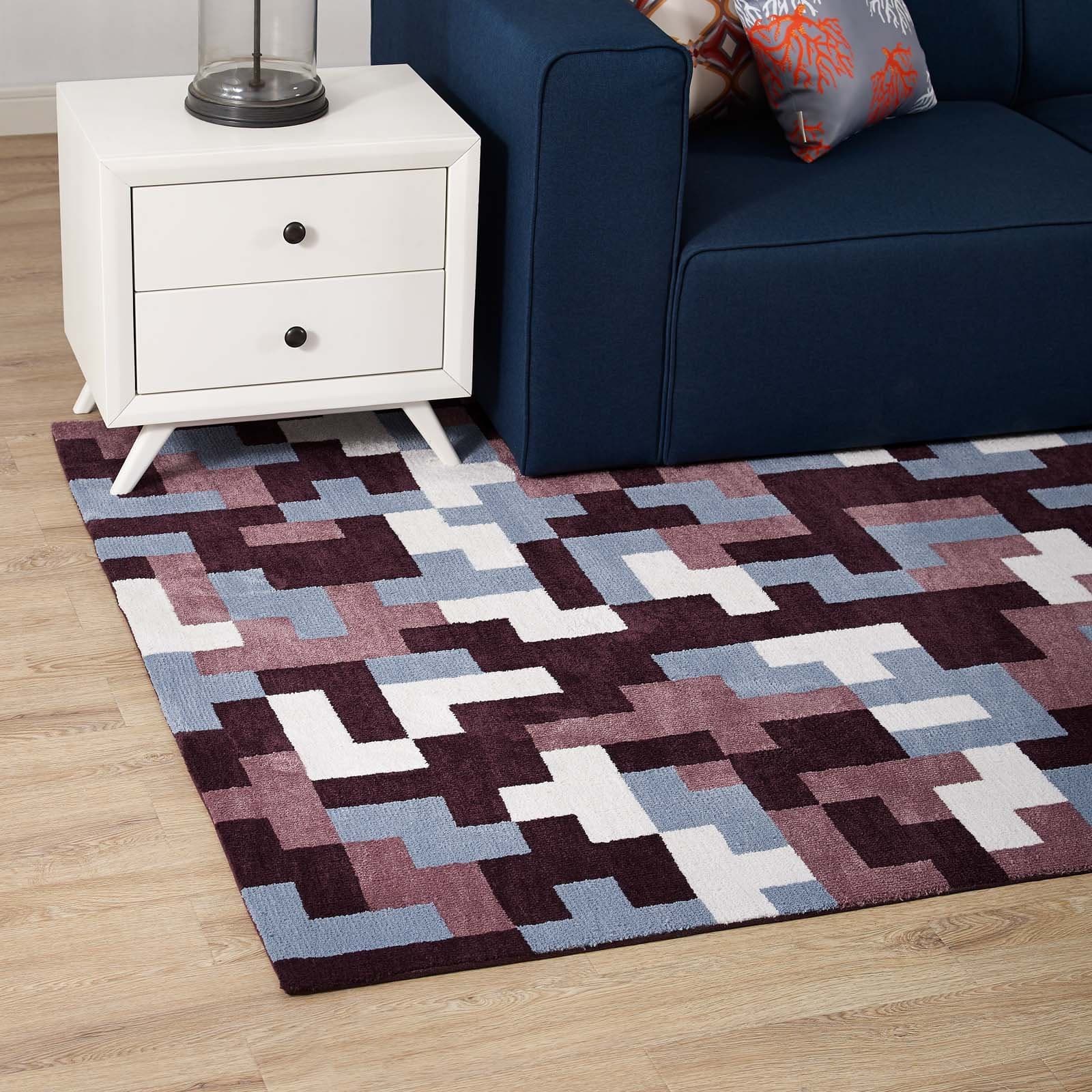 Modway Andela Interlocking Block Mosaic 5x8 Area Rug in Multicolored Red and Light Blue