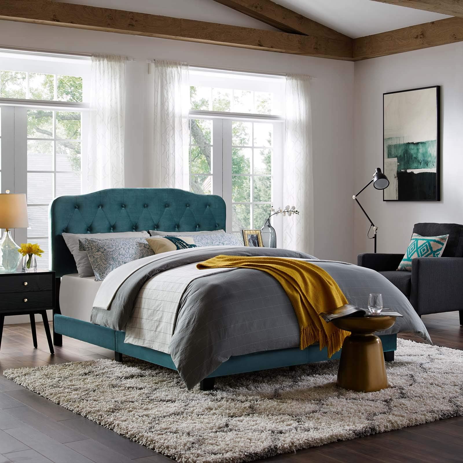 Modway Amelia Tufted Performance Velvet Upholstered Full Bed in Sea Blue