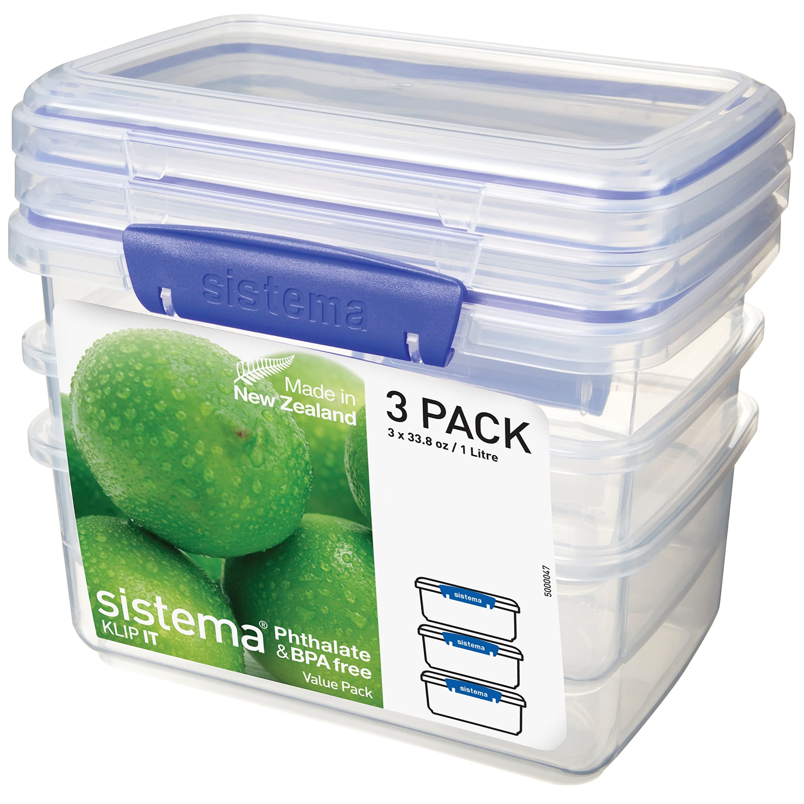 Sistema KLIP IT Rectangular Collection Food Storage Container, 33.8 oz./1.0 L, Clear/Blue, 3 Count