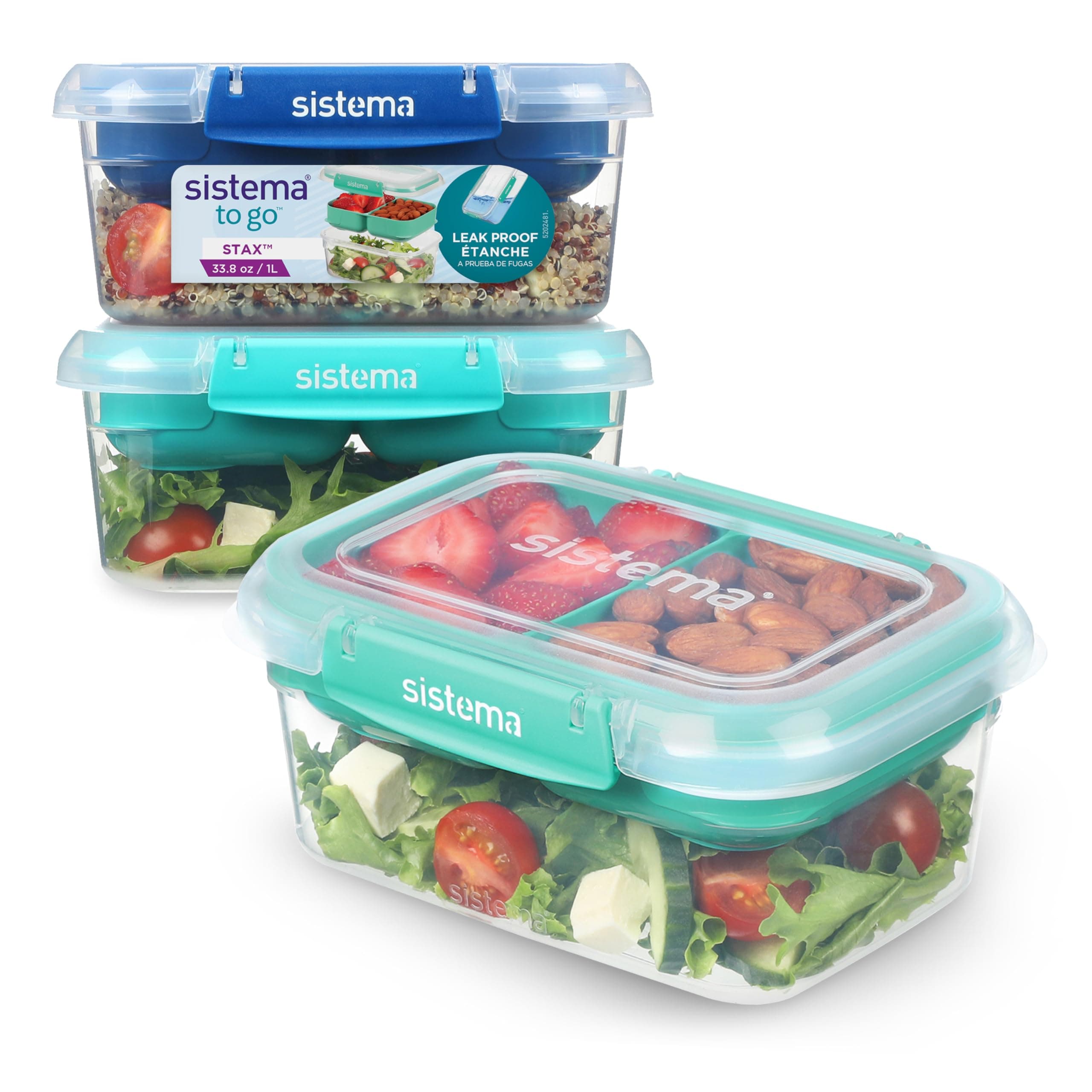 Sistema TO GO Stax Leakproof Food Storage Containers | 1 L | Airtight & Stackable Meal Prep Containers with Lids | Lunch Boxes | BPA-Free | 3 Count