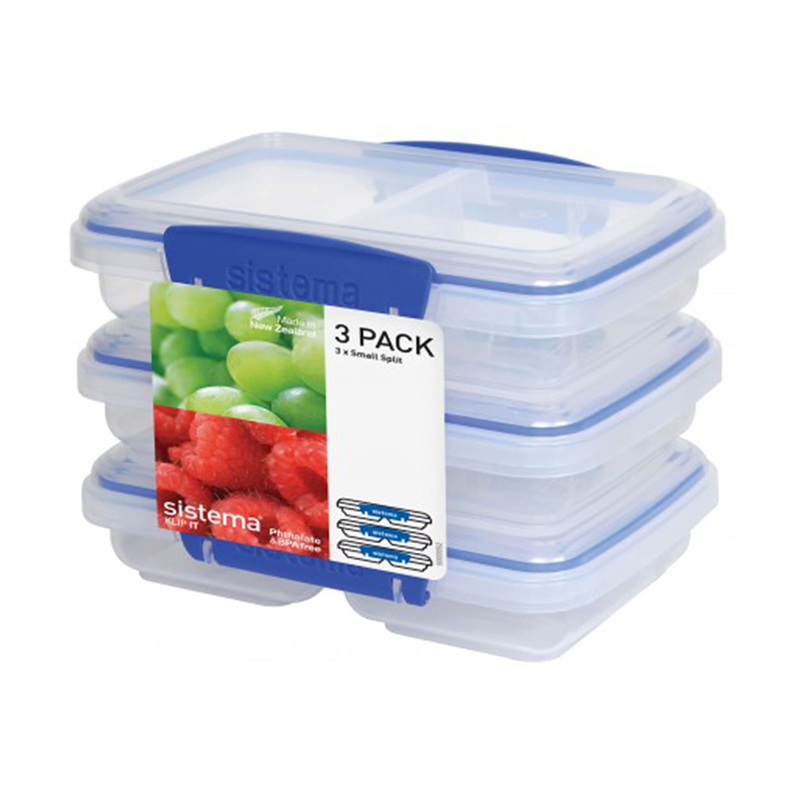 Sistema 3-Piece Food Storage Containers with 2 Compartments and Lids for Meal Prep, Dishwasher Safe, 11.8oz, Clear/Blue