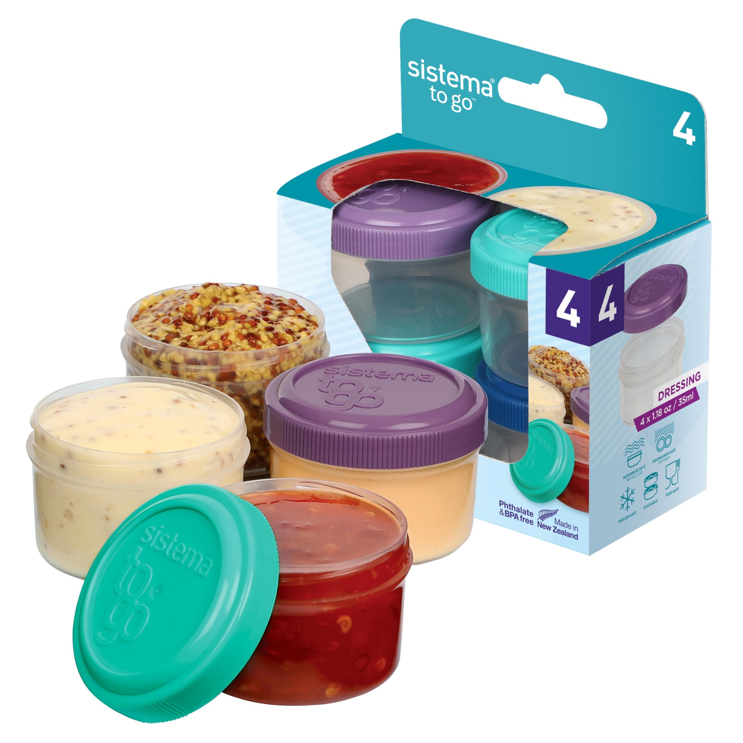 Sistema 4-Piece Salad Dressing and Condiment Containers with Lids for Lunch