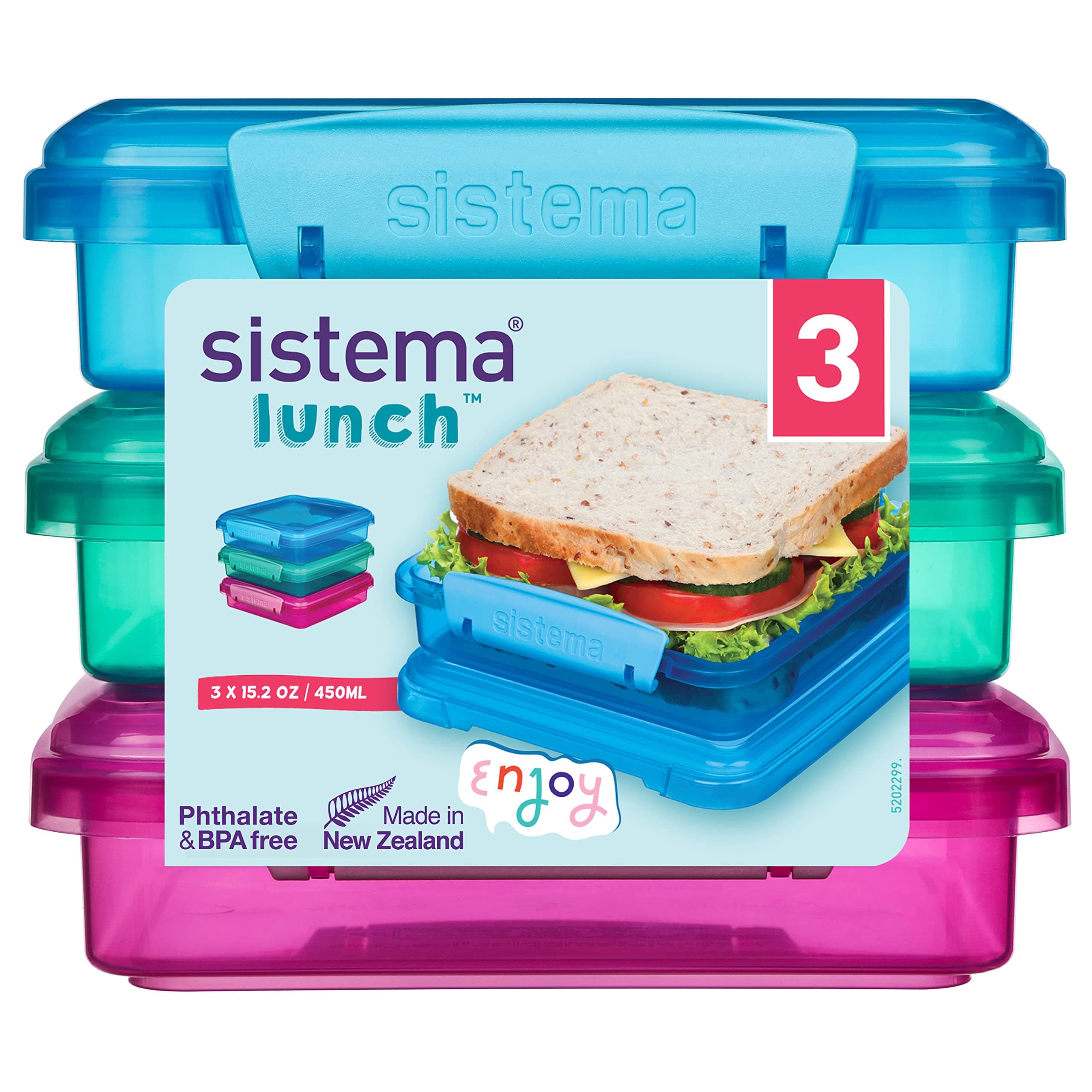 Sistema 3-Piece Sandwhich Containers for Lunch Boxes and Meal Prep, Dishwasher Safe, 1.9-Cup, Blue/Green/Pink