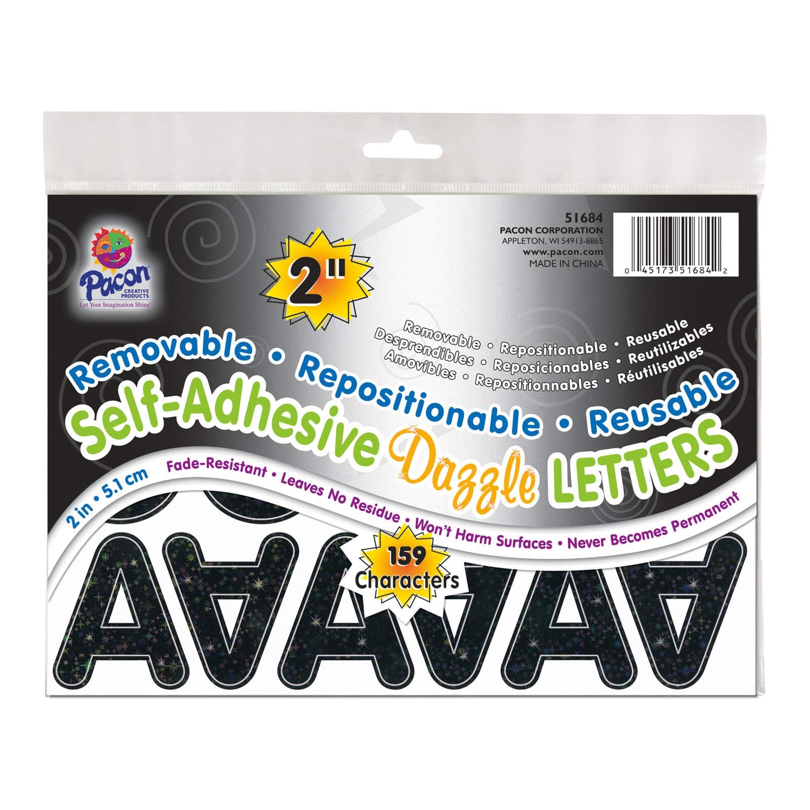 PACON Self-Adhesive Letters, Black Dazzle, Puffy Font, 2", 159 Characters