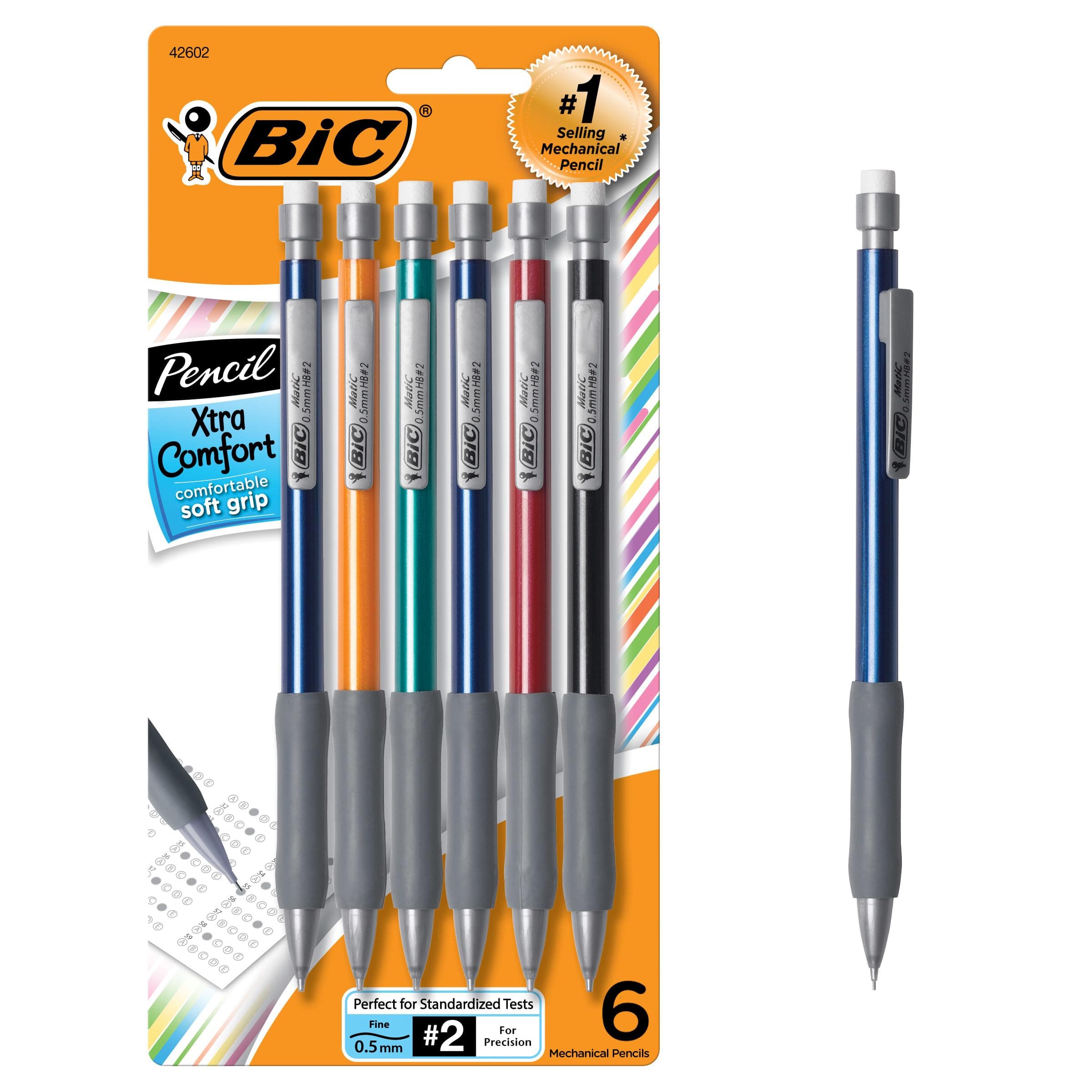 BIC Mechanical Pencil Xtra Comfort, 0.5 mm, Assorted Barrel (BICMPFGP61), 6 count