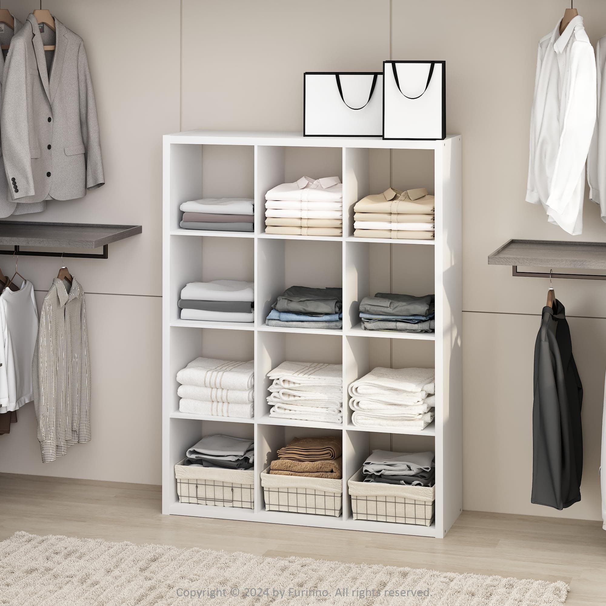 Furinno Cubic Closet Organizers and Storage, 12-Cube Closet Organizer, Open Shelf Closet Storage, Extra Thick Frame for Wardrobe, Bedroom, Living Room, White