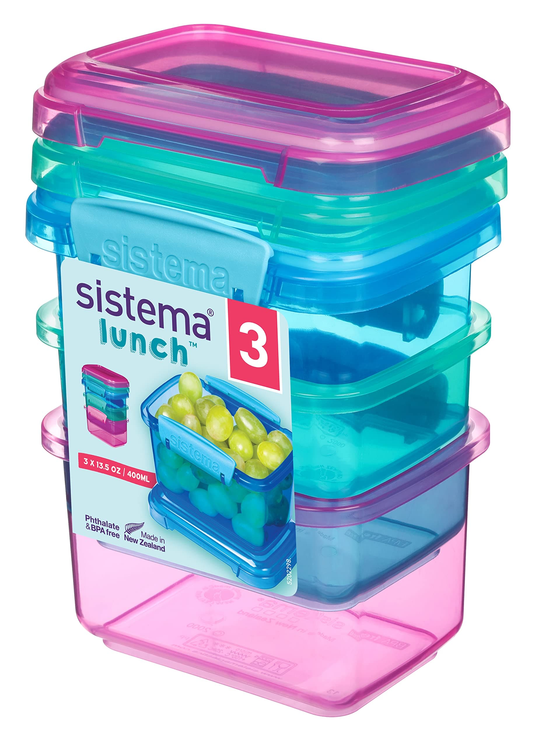 Sistema 3-Piece Food Storage Containers with Lids for Lunch, Meal Prep, and Leftovers, Dishwasher Safe, 1.6-Cup, Blue/Green/Pink