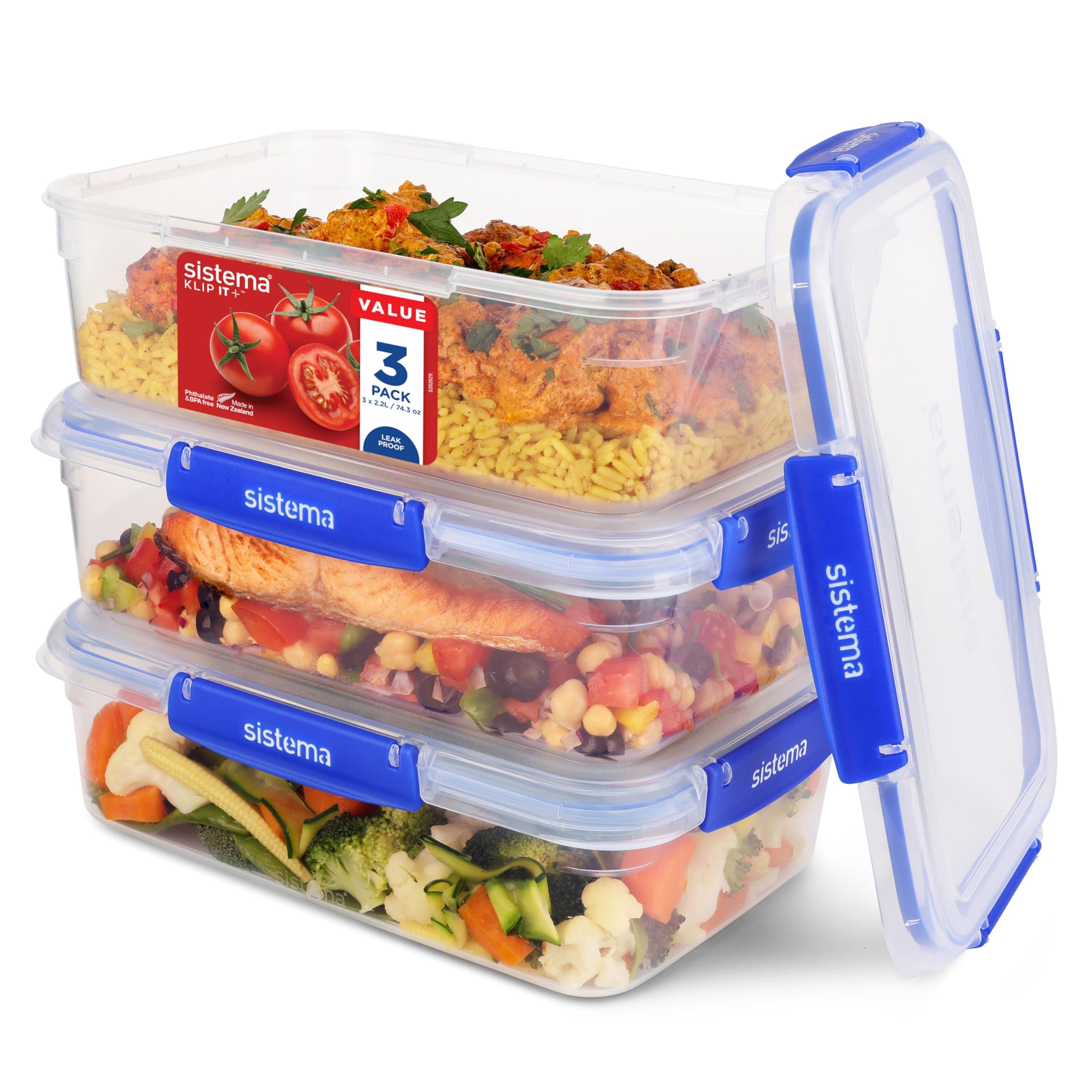 Sistema KLIP IT+ 2.2L Rectangle Food Storage Containers (3-Pack), Stackable & Airtight Food Boxes with Lids, Dishwasher, Freezer, & Microwave-Safe, BPA-Free, School Lunch Boxes