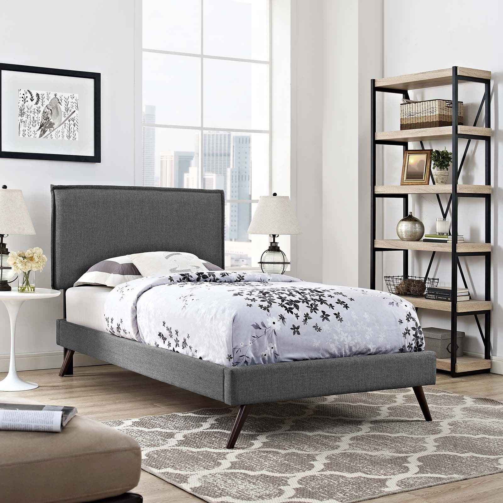 Modway Amaris Upholstered Twin Platform Bed Frame in Gray with Splayed Legs