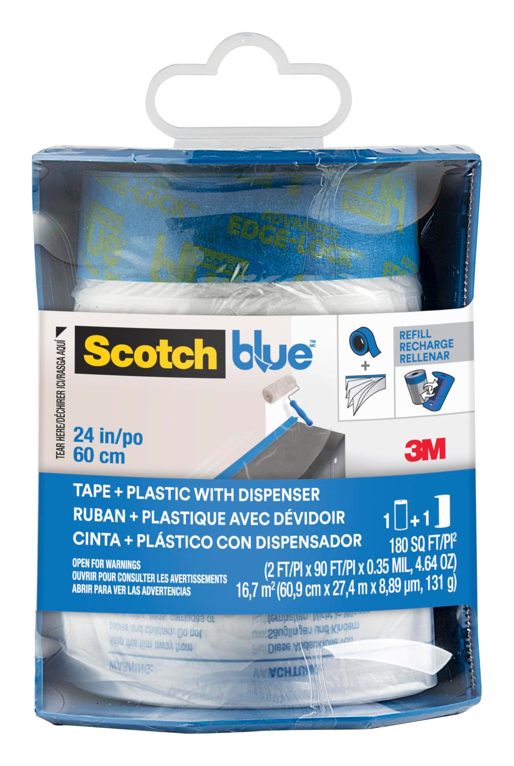 ScotchBlue Pre-Taped Painter's Plastic Dispenser PTD2093EL-24-S, 24 in x 30 yd (60,9 cm x 27,4 m), 1 Roll/Pack, Blue