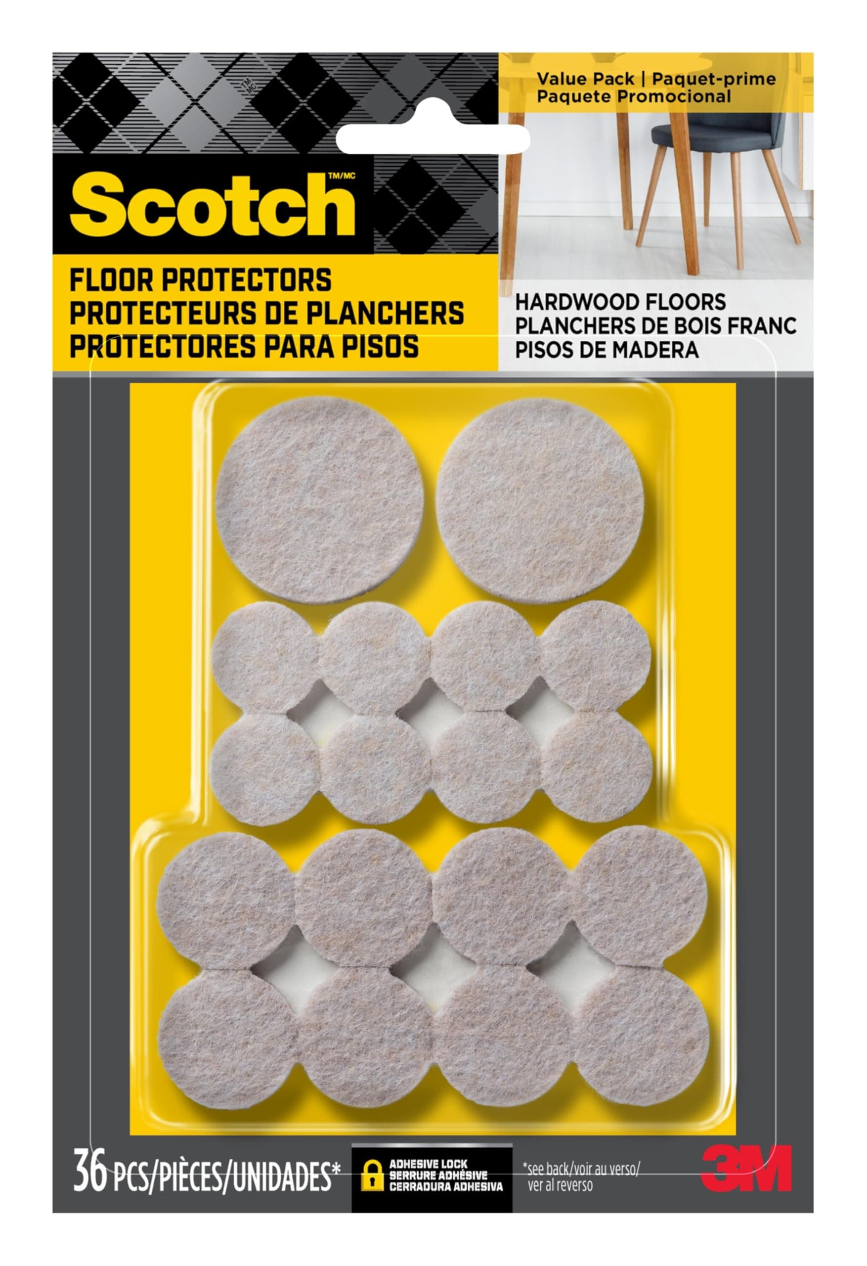 Scotch Felt Pads, Felt Furniture Pads for Protecting Hardwood Floors, Beige, Multi-Pack, 16-3/4 in., 16-1 in., 4-1.5 in., Round, 36 Pads Total