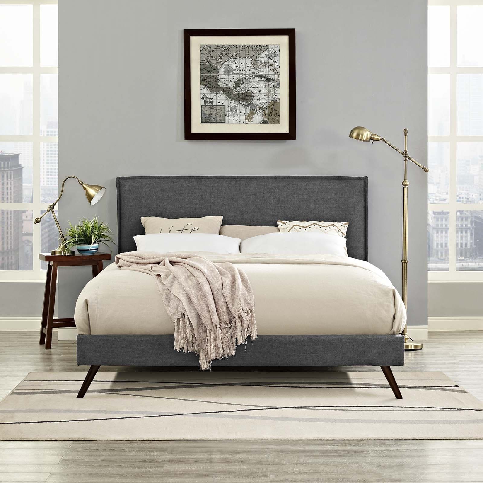 Modway Amaris Upholstered Queen Platform Bed Frame in Gray with Splayed Legs