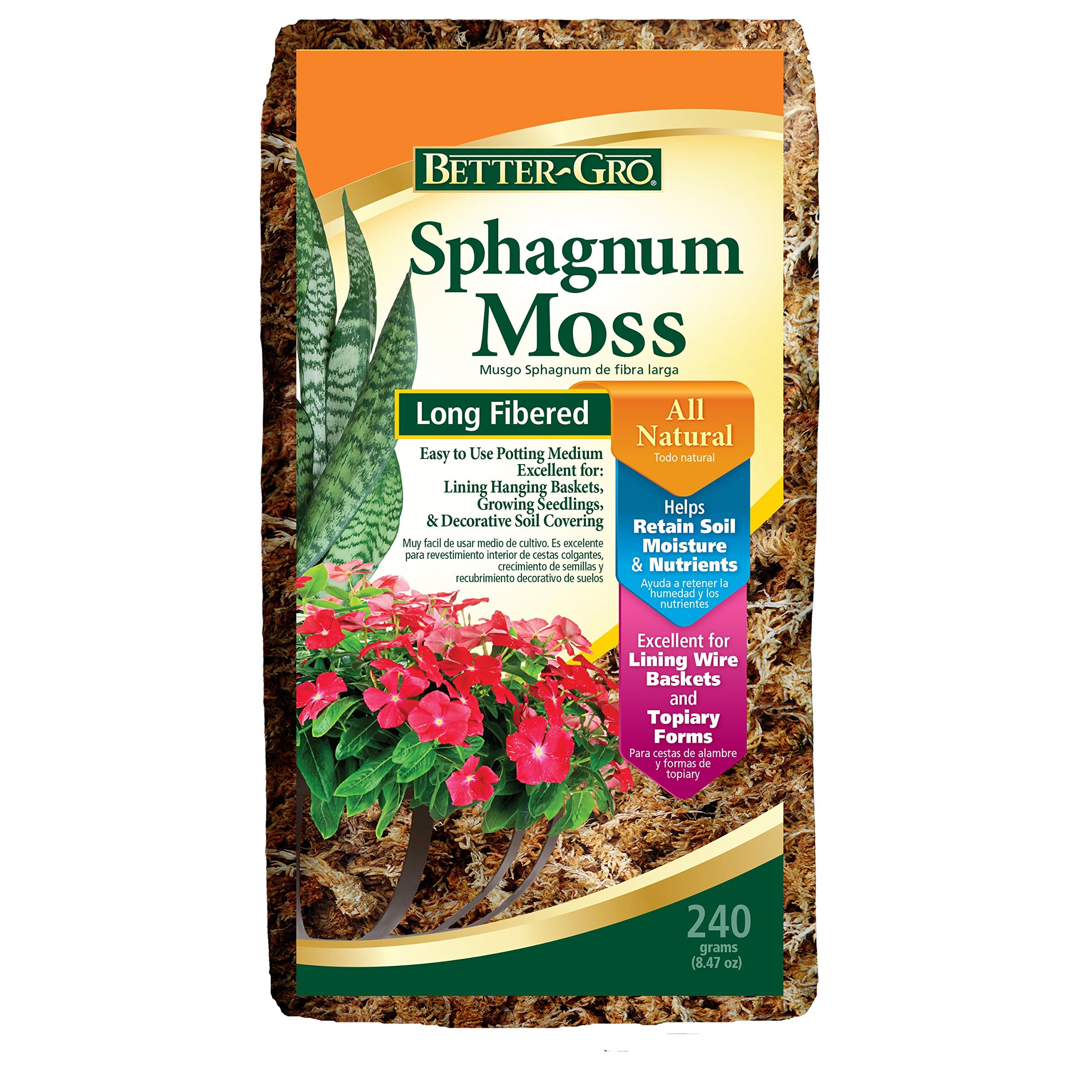 Better-GRO Sphagnum Moss - 100% Natural, Long-Fiber Moss for Orchids, Ferns, and Hostas, Excellent for Hanging Baskets and Propagating Plants - 240 Cubic Inches